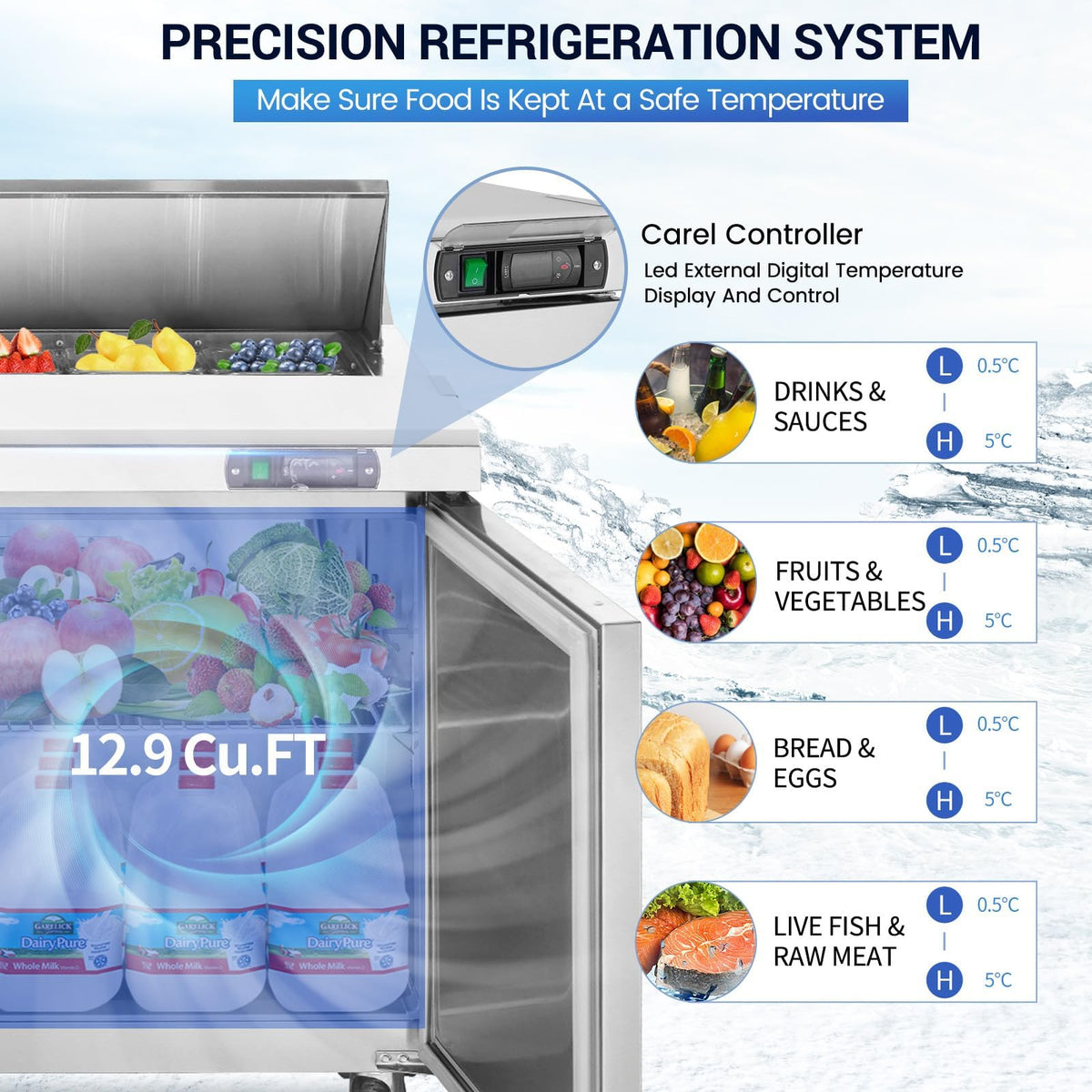 kalifon 60" W 2 Door Refrigerator Sandwich Salad Prep Table Commercial Stainless Steel Fan Cooling Refrigerator with Cutting Board, 2 Shelves & 24 Pans for Restaurant, Bar, Shop-16.4 Cu.ft