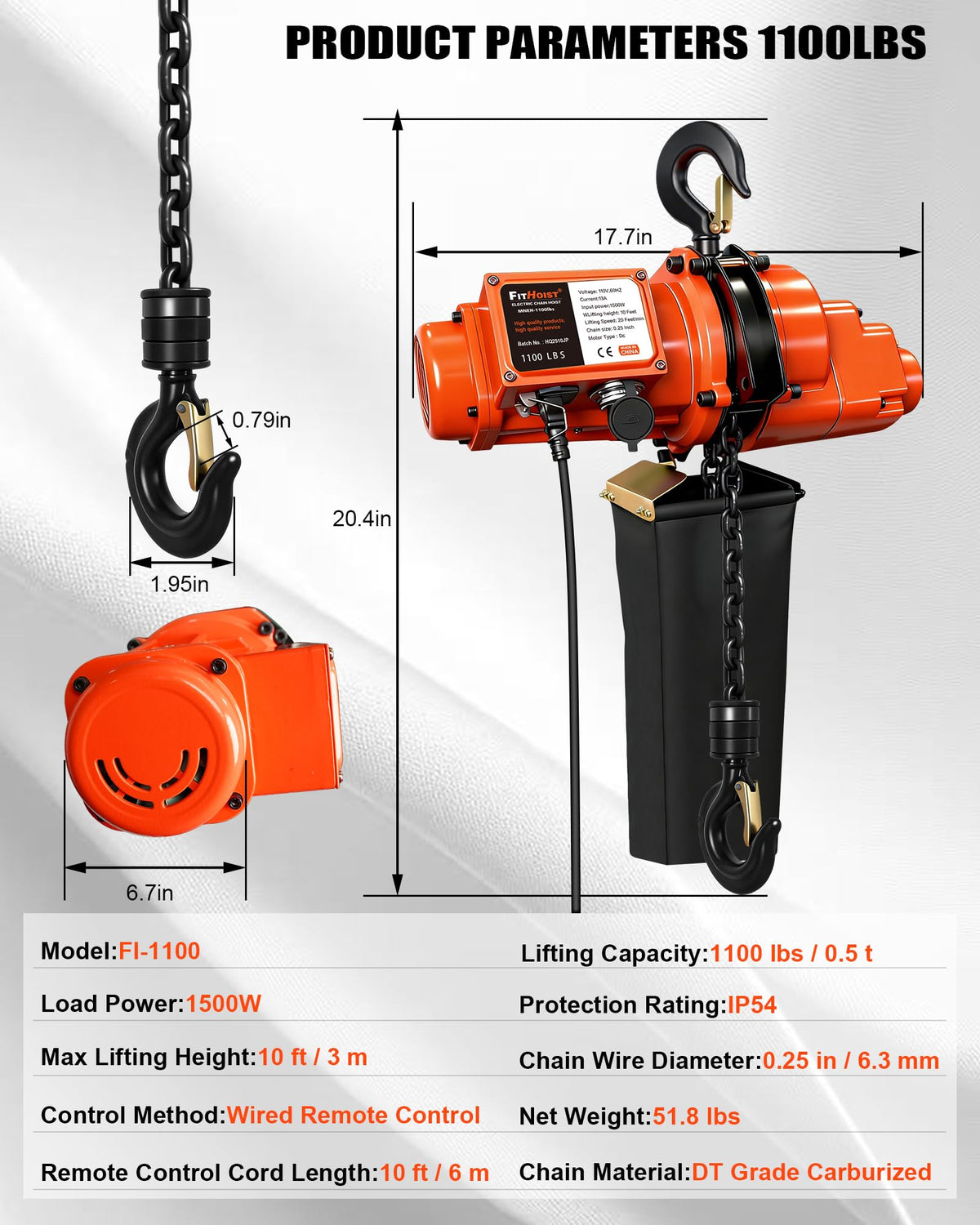FITHOIST Electric Chain Hoist, 1100 lbs Electric Hoist with 20 ft Wired Remote Control, 10 ft Lifting Height, 1500w Single Phase Overhead Crane with Chain for Factories, Warehouses, Garages, Home