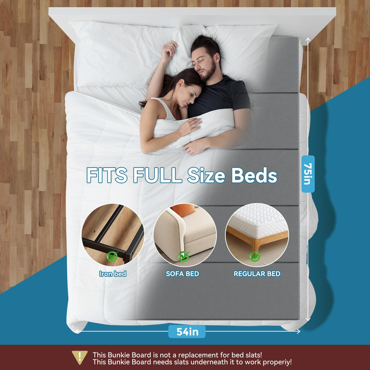 JASMINELOVER Bunkie Board Full Size 54"x75" Bed Boards for Under Mattress - Heavy Duty Reinforced Wood Support Board with Anti-Sag Design, Fits Metal Frames/Platform Beds/Sleeper Sofas