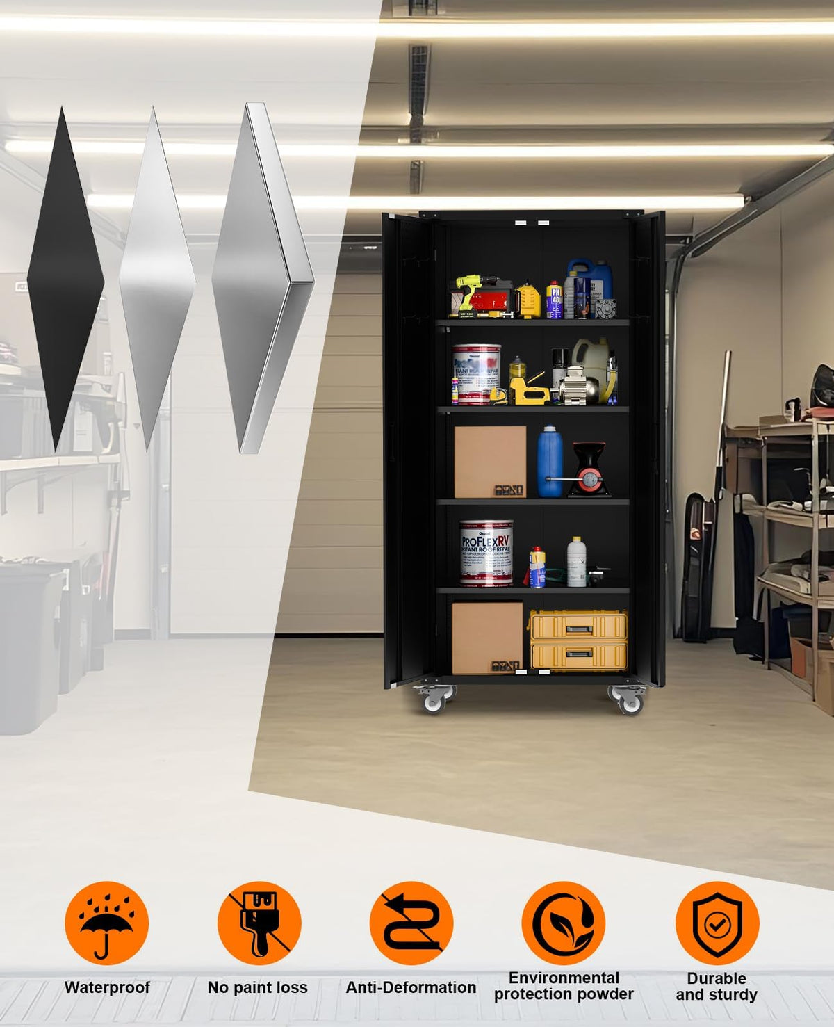 Garvee 72 in Tall Garage Storage Cabinet – 600 LB Capacity Metal Tool Cabinet with Magnetic Lock, 4 Adjustable Shelves & Wheels, Heavy-Duty Steel Storage for Workshop, Home & Office
