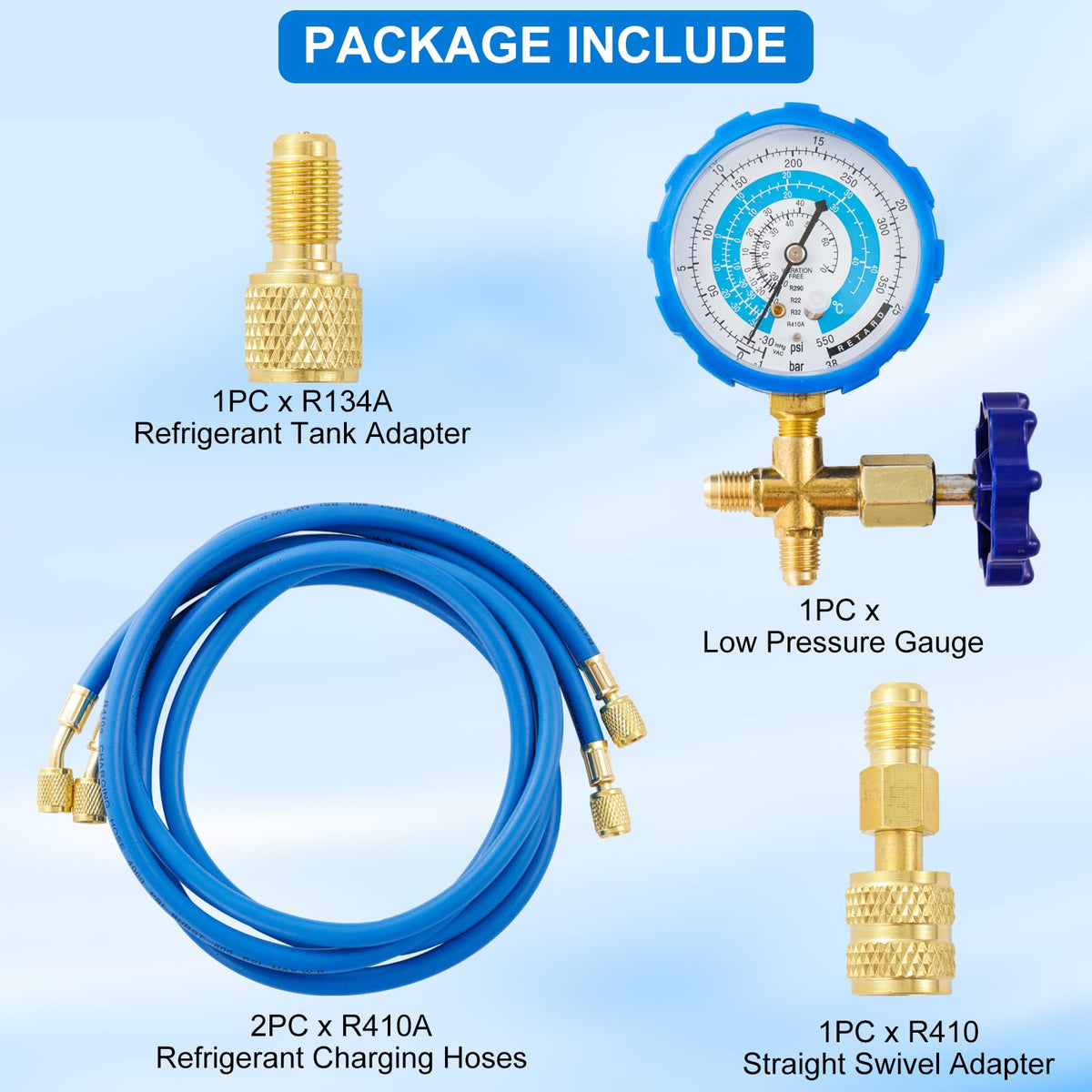 R410A Recharge Kit AC Charging Hose, R410A Manifold Gauge Set with R410A Mini Split Adapter 1/4 x 5/16, R134A Tank Adapter 1/4 SAE X 1/2, Low Pressure Manifold Gauge Hose 59’’