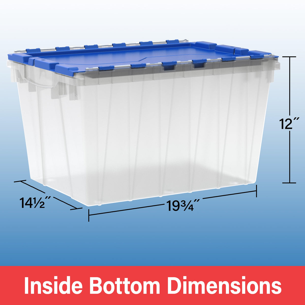 Akro-Mils KeepBox 12 Gallon Storage Container, Nesting and Stackable Plastic Storage Box with Lid Attached, Clear Tote for Garages, Closets, Moving, 21-1/2" x 15" x 12-1/2", Clear/Blue, Pallet of 48