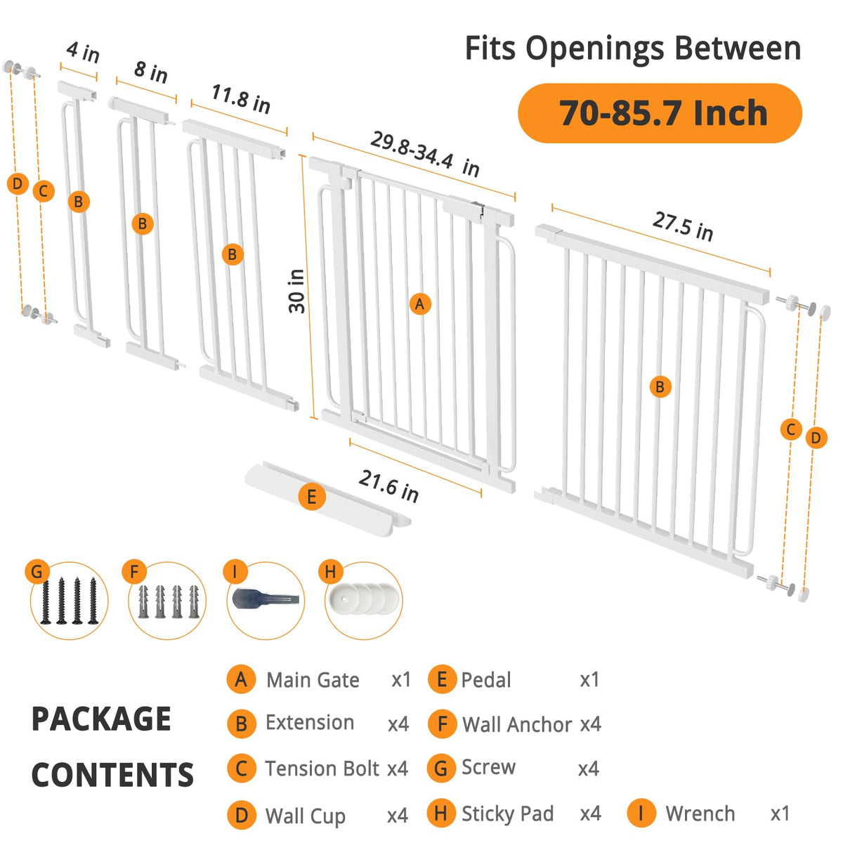 Extra Wide Baby Gate with Door 70-85.7 Inch Pressure Mounted, Auto Close Child Baby Gates for Doorways No Drill, Walk Through Dog Gate Indoor for The House, White