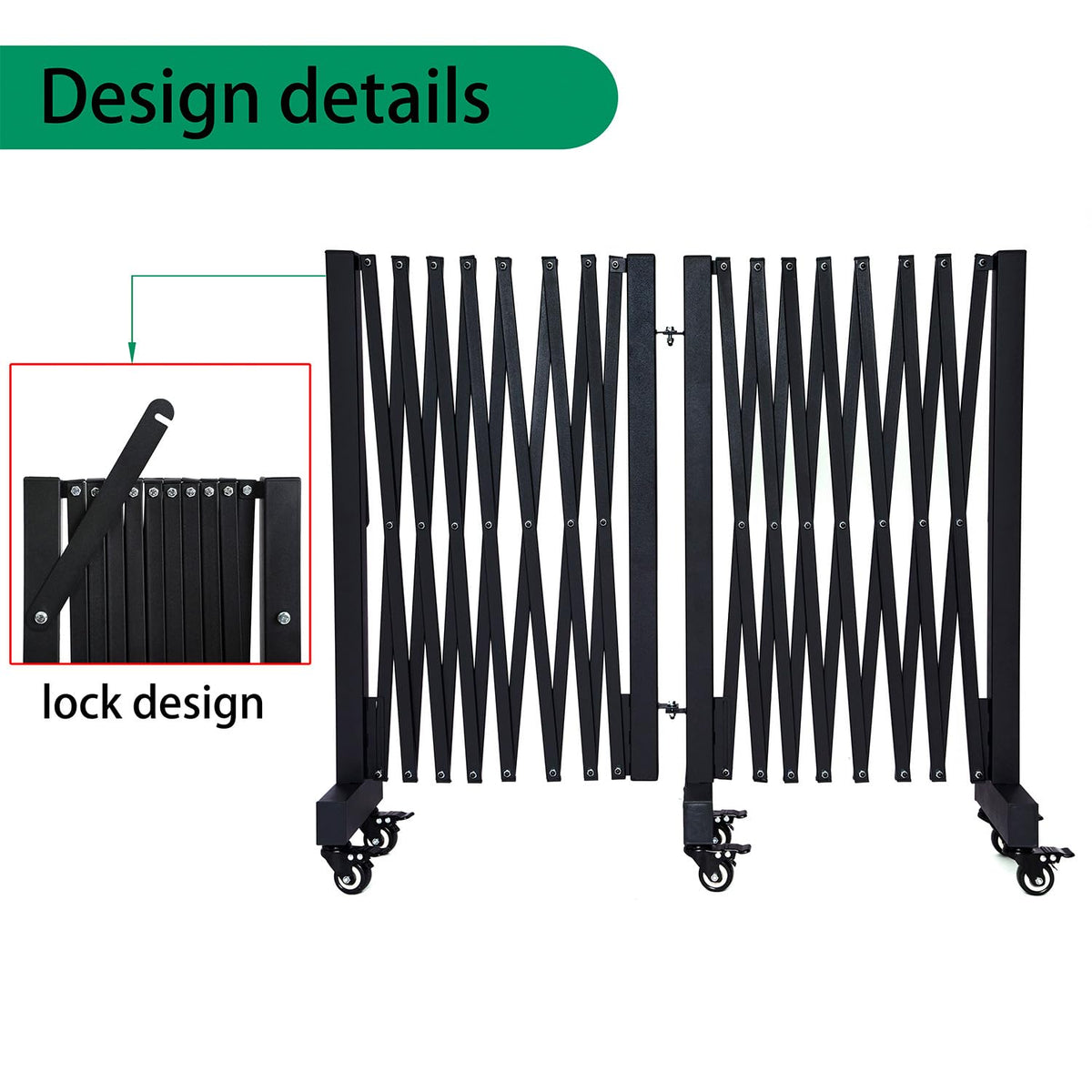 LTSEAME 16.5FT Expandable Barricade Gate, Expandable Metal Barricade Gate Alloy Fence and 270 Degrees Direction Adjustment with Wheels, for Industrial or Residential Use (Black, 16.5FT)