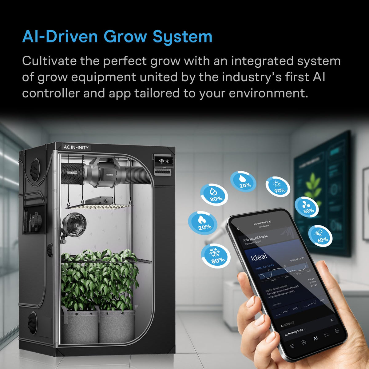 AC Infinity AI Grow System 3x3, 3-Plant Kit w/Self-Learning AI Controller, Dynamic Airflow & LM301H LED Lighting Control, 2000D Mylar Tent w/Lab-Tested Reflectivity, Largest Zippered Window