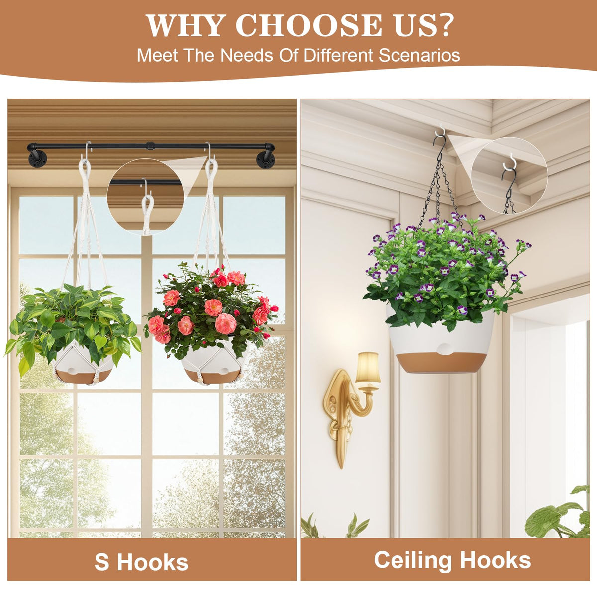 3 Pack Hanging Planters for Indoor Plants, 10 + 10 + 8 Inch Self-Watering Hanging Plant Pot, Macrame Plant Hanger with Pot, Ceiling Hooks, Removable Saucer and Drainage Holes for Garden Home - White