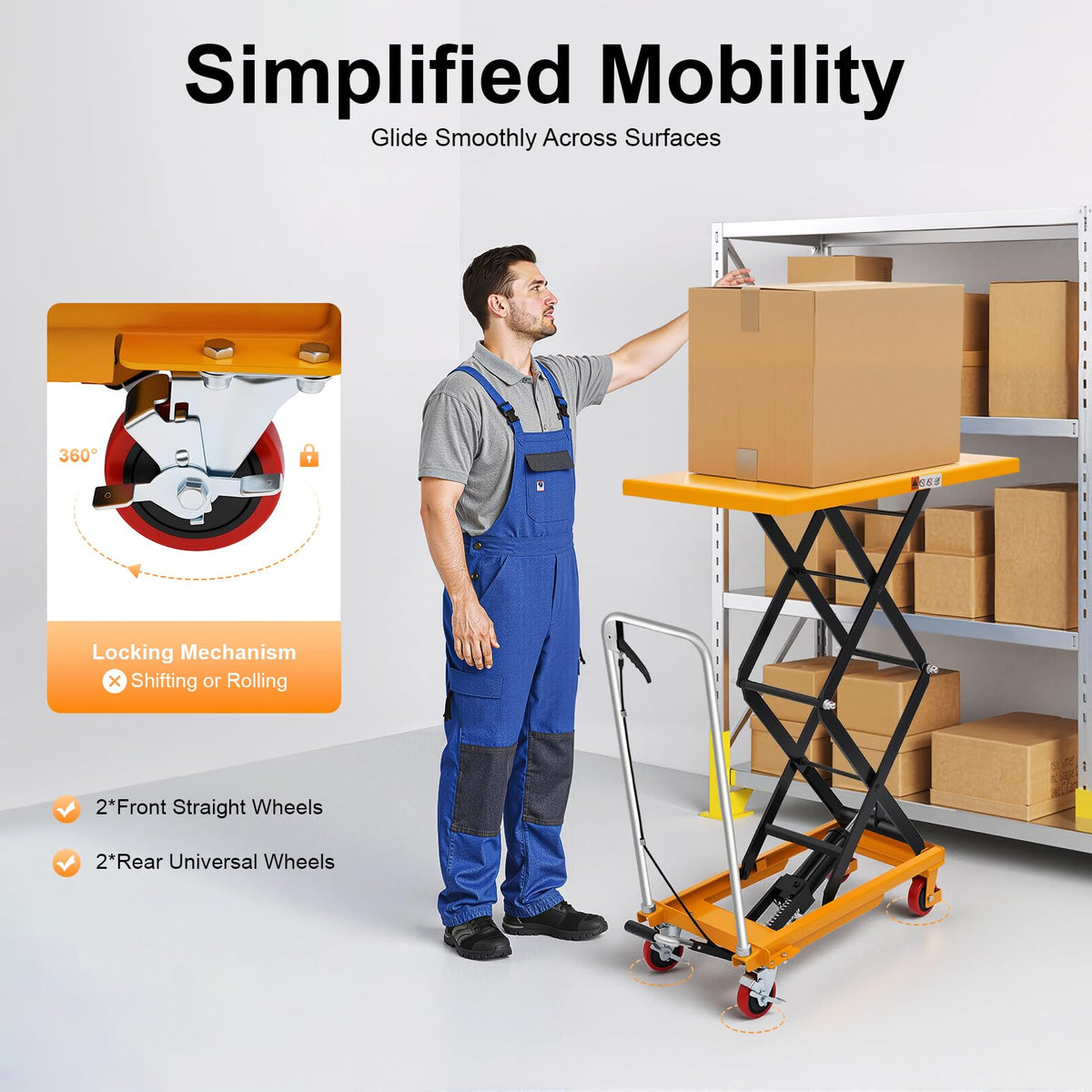 HIFMGHE Hydraulic Lift Table Cart 770lbs, 51" Lifting Height Hydraulic Lift Table, Double Scissor Pallet Truck with 4 Locking Wheels for Material Handling and Transportation