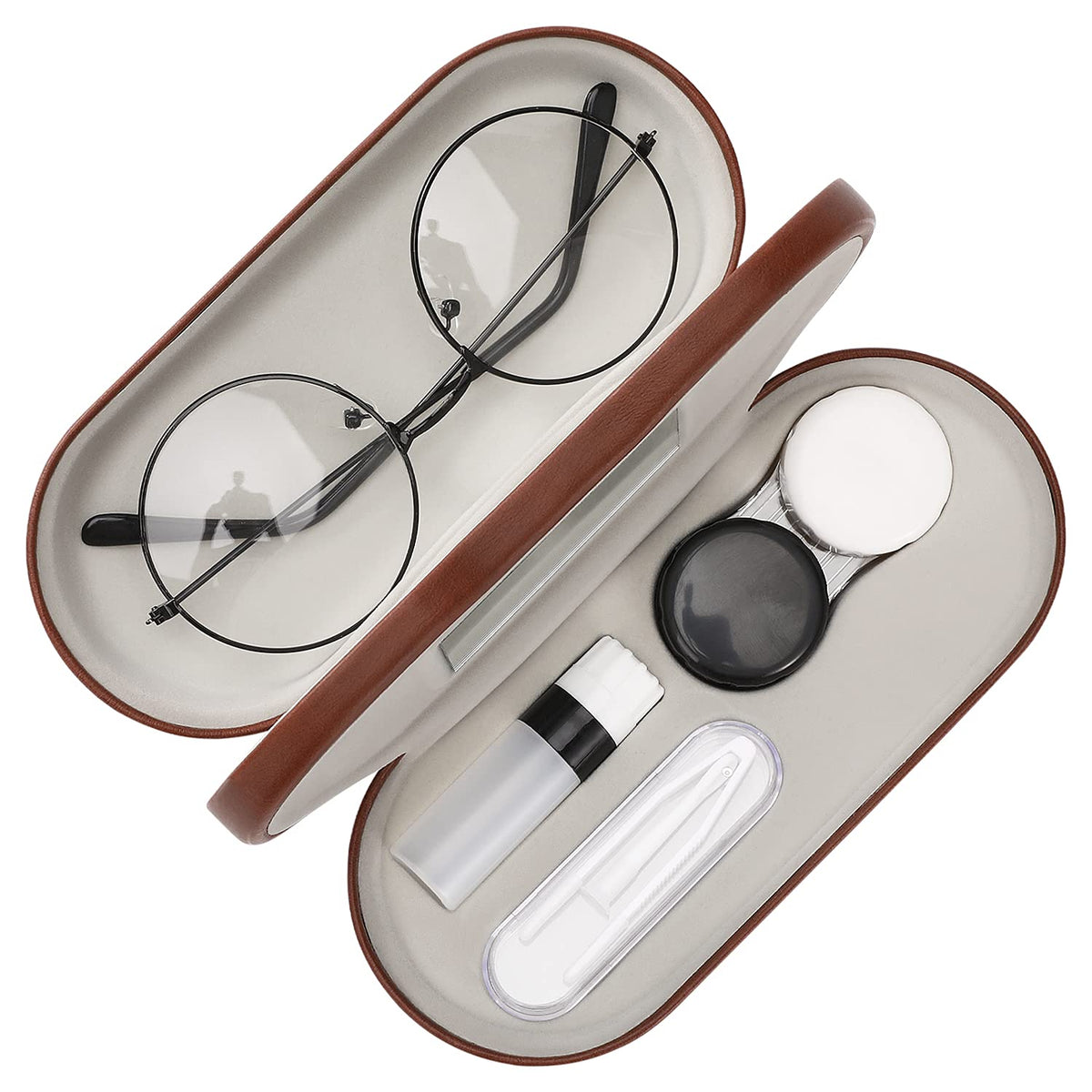 MoKo Double Eyeglass Case, Contact Lens Case with Mirror Tweezers Remover, 2 in 1 Double Sided Portable Contact Lens Box Holder Container Soak Storage Kit Sunglasses Pouch for Men & Women, Brown