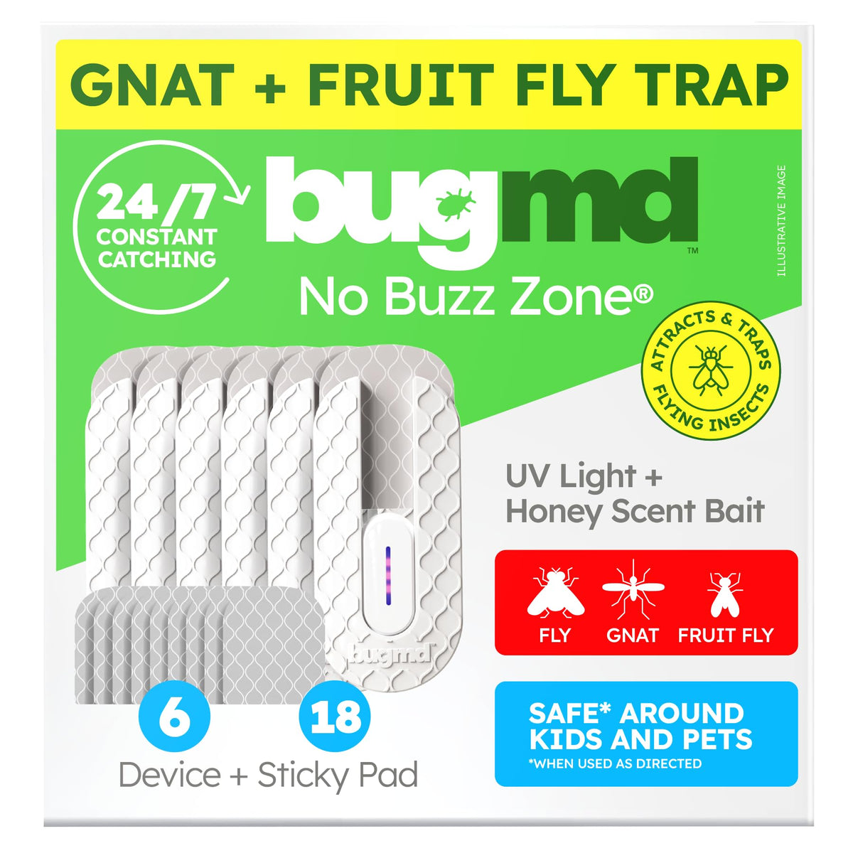 BugMD No Buzz Zone Fruit Fly Traps for Indoors with Honey Scent Bait & UV Light – Gnat Traps for House Indoor, Plug in Fly Trap Indoor, Bug Zapper Alternative, Mosquito Trap for Home (6-Pack)