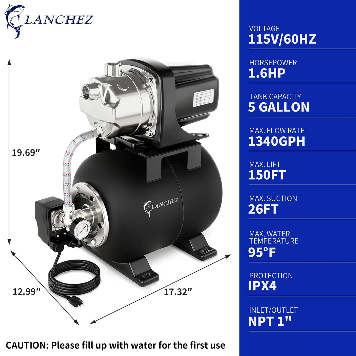 LANCHEZ Shallow Well Pump, Stainless Steel Water Transfer Pump, 115V Garden Irrigation Pump, Water Booster Jet Pump for Home Garden Lawn Farm, Matte black