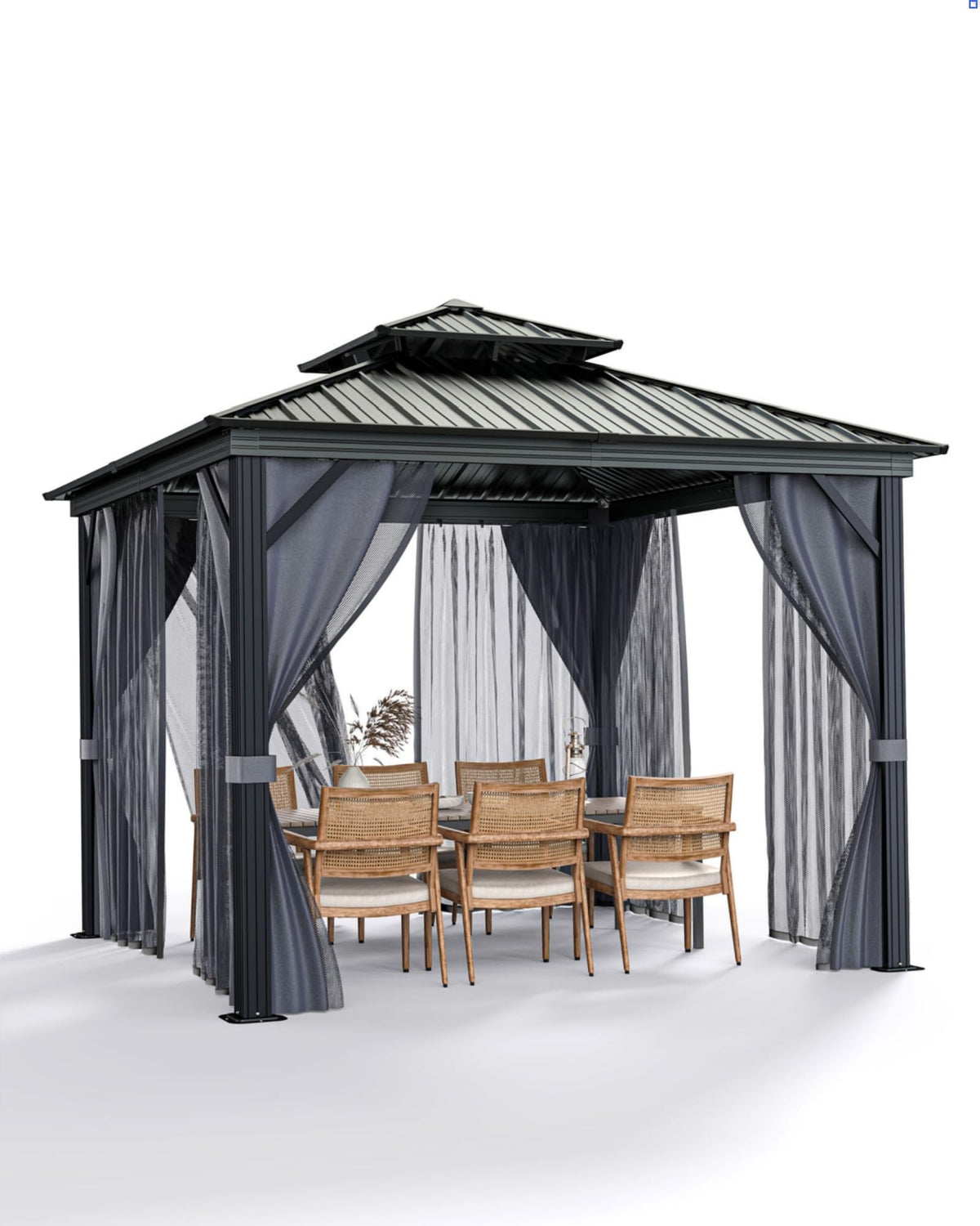 KYBOLT 12x12 Ft Hardtop Gazebos with Heavy Duty Double Roof, Nettings and Curtains Galvanized Steel Outdoor Gazebos for Patio, Backyard, Deck, Lawn (Gray)