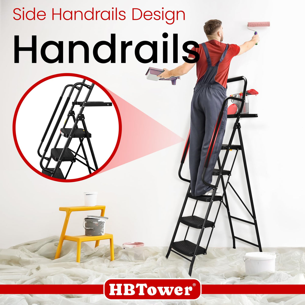 HBTower Step Ladder, 5 Step Ladder for Adults with Wide Anti-Slip Pedal, Step Stool Foldable with Handrails & Tool Tray, 330 Capacity for Home and Kitchen, Black