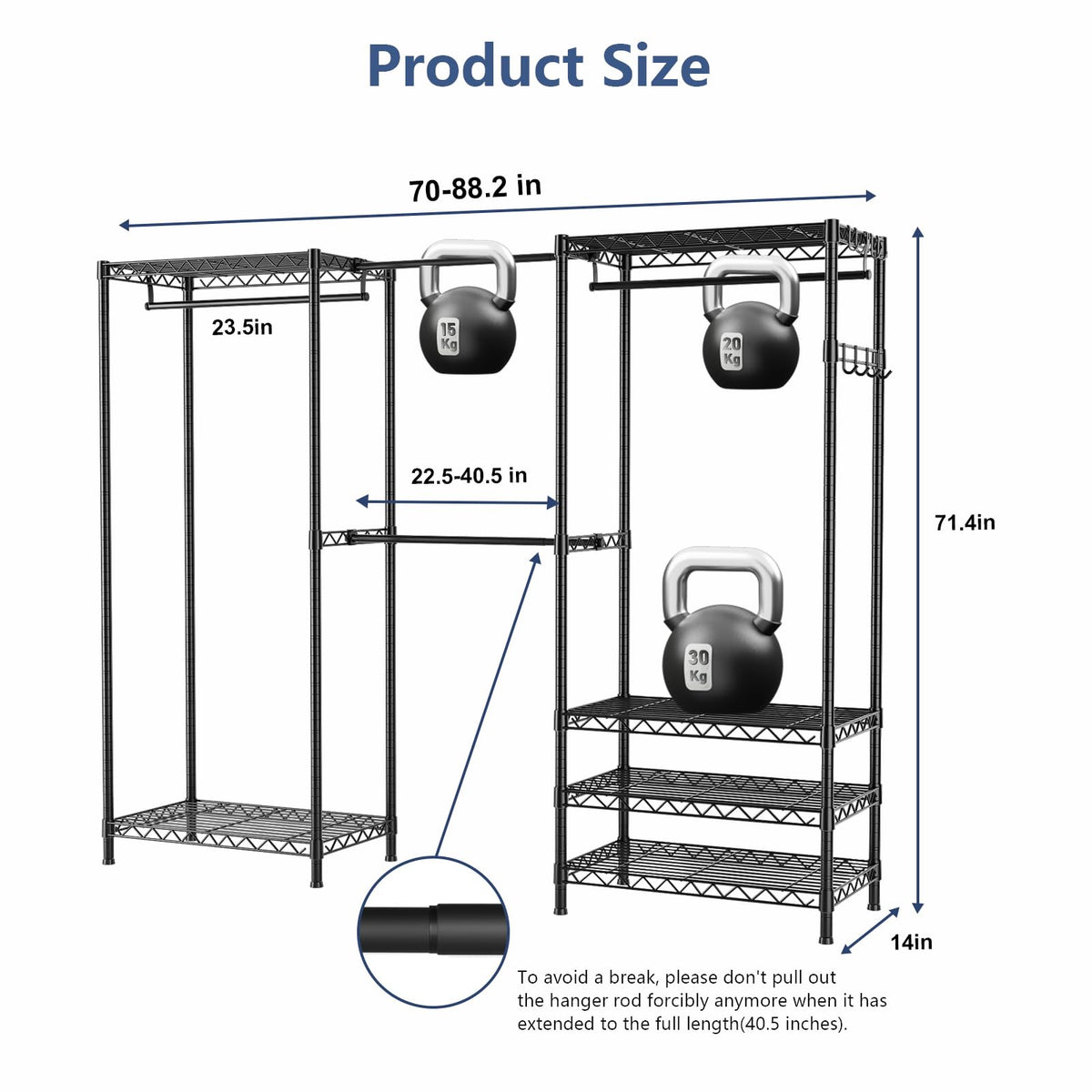 VANZBON Heavy Duty Closet Garment Rack, 6 Tiers Adjustable Metal Freestanding Expandable Clothing Storage with 4 Hanger Rods, Easy to Assemble Wardrobe, 71.4" H x (70" - 88.2") L x 14" D, Black