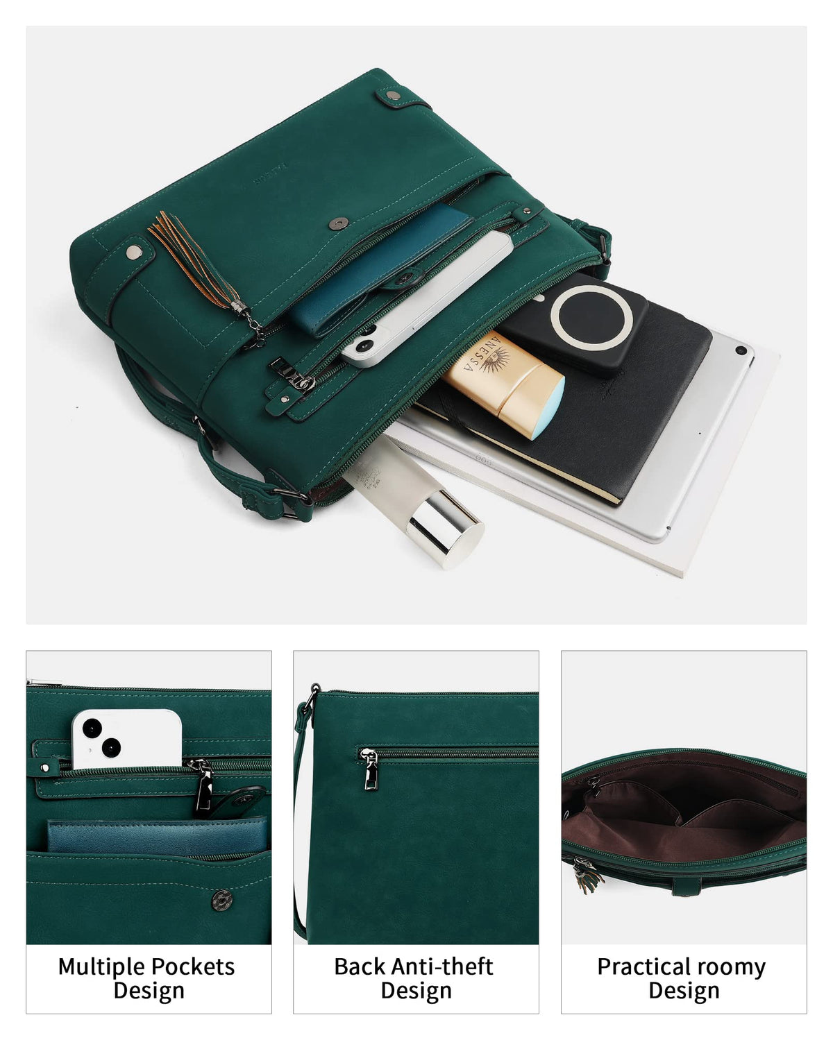 FADEON Large Crossbody Purses for Women Crossbody Bag, Leather Cross Body Purses Multi Pocket Roomy Shoulder Bag ,Dark Green Suede Style