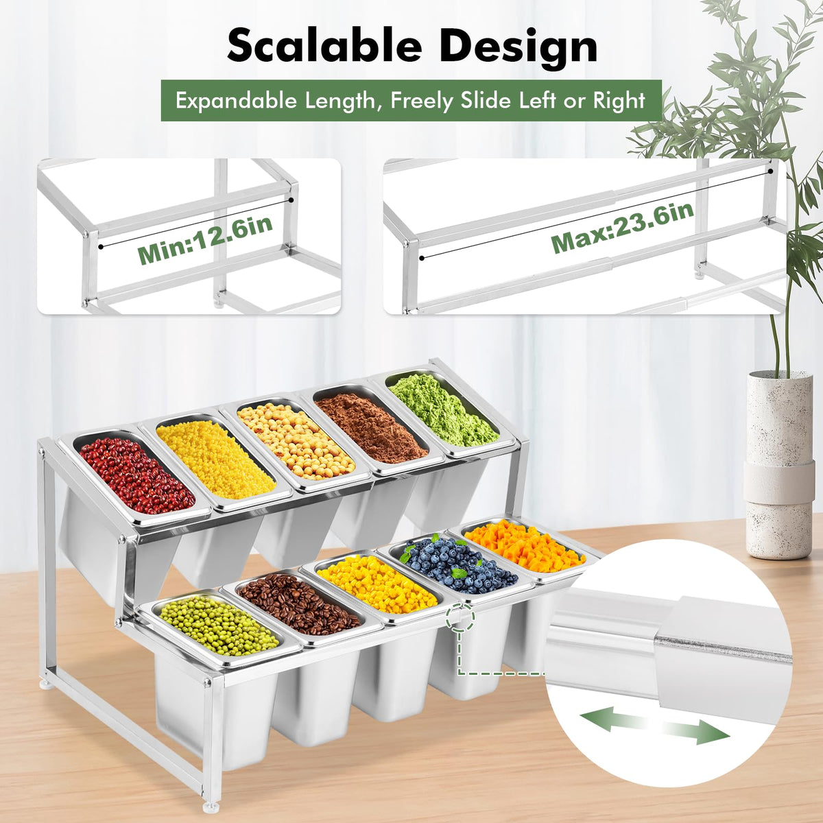 Meticuloso Expandable Spice Rack Stainless Steel Organizer Shelf for Sauce Ingredients Fruits, for Kitchen Pantry Use,10 Spoons,10 Lids&10 Buckets
