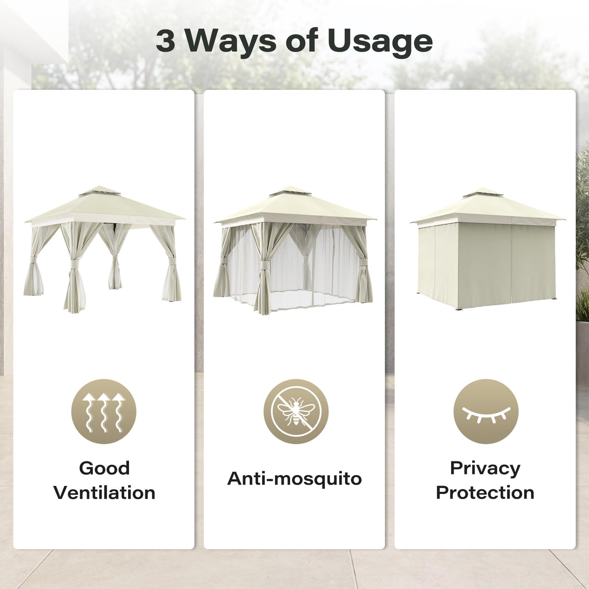 EO Living 10' x 10' Outdoor Patio Gazebo, Heavy-Duty Galvanized Steel Frame with Double-Tier Roof, Mosquito Netting & Privacy Curtains for Backyard, Patio & Lawn, Cream White