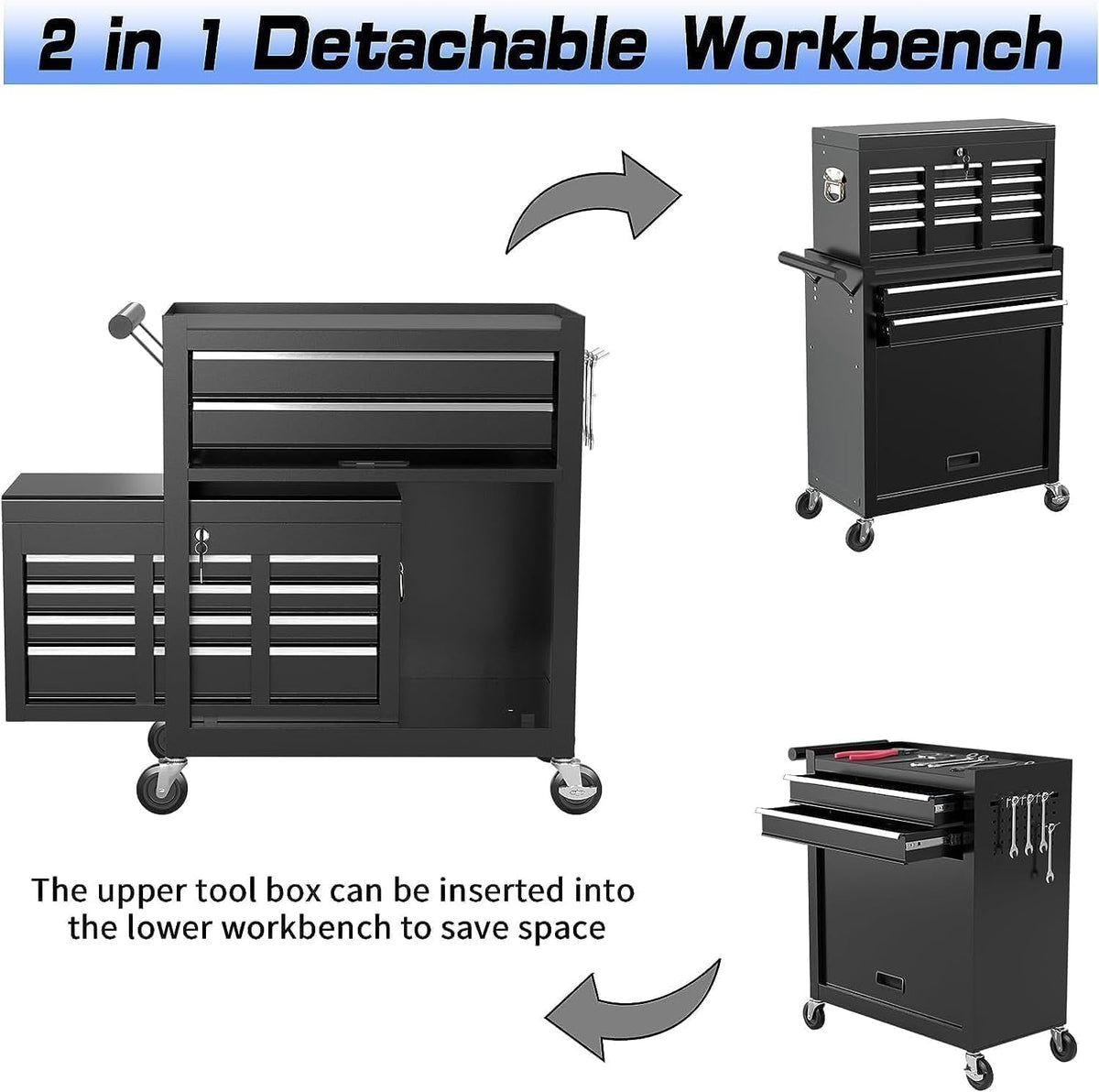 8 Drawer Rolling Tool Chest, High Capacity Tool Box with Lockable Wheels and Drawers, 2 in 1 Portable Toolbox Organizer Storage Cabinet For Garage, Warehouse, Repair Shop