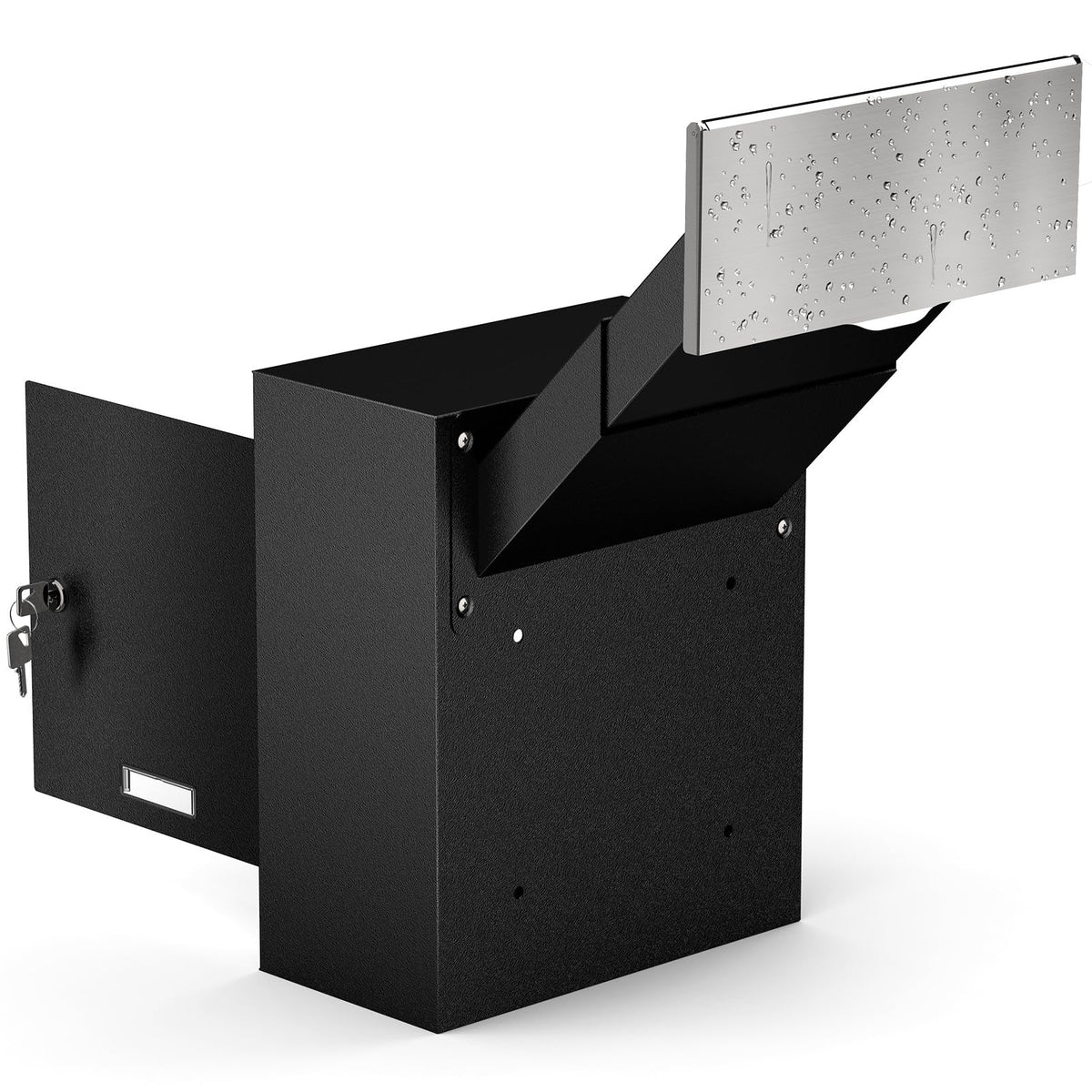 Metateel Through-The-Wall Drop Box with Rainproof Slots, 12.28''x6.4''x14.87'', Heavy Duty Steel Mailbox with Key Lock and 6.63"-11.7" Adjustable Chute, for Mail, Checks, Letters, Cash (Black)
