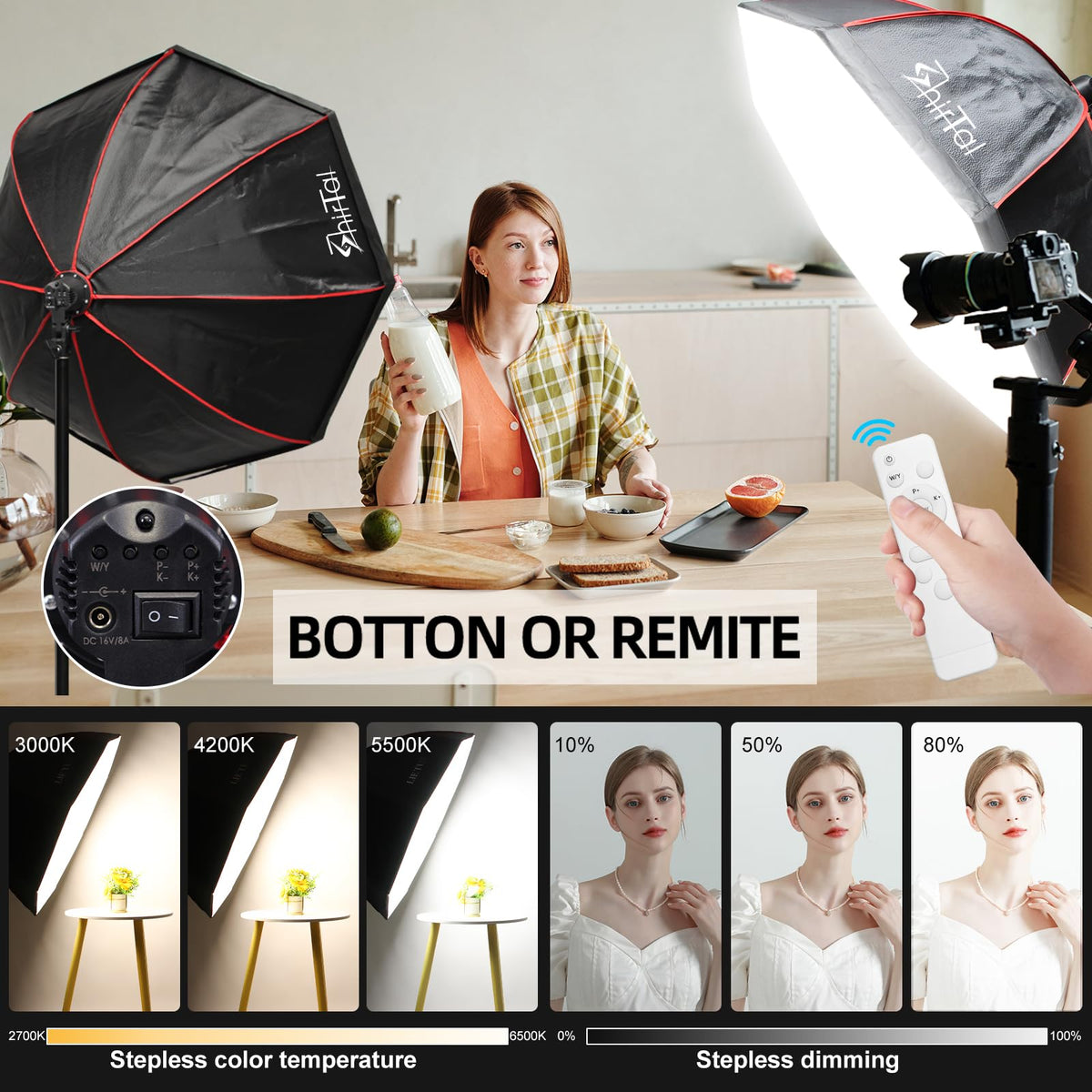 Shirtal Softbox Lighting Kit,37" Octangle Softbox Photography Lighting Kit with 110W 2700-6500K 11000Lux Dimmable LED Prismatic Lamp and Remote Control,Photo Studio Soft Box Lights for Video Recording