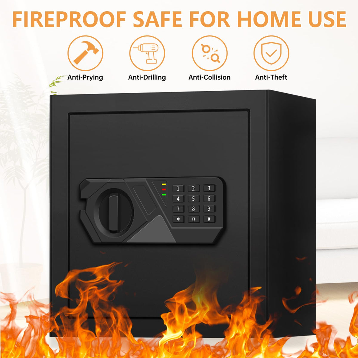2.0 Cub Large Fireproof Safes for Home Use, Digital Security Safe Box Fireproof Waterproof with Combination Lock and Removable Shelf, Home Fire Safe for Document Money Medicines Valuables