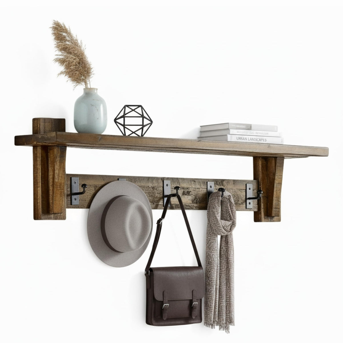 Alaterre Furniture Durango 60 Inch Solid Wood Entryway Organizer - Rustic Industrial Farmhouse Wall Mounted Coat Rack with Shelf and 5 Black Metal Hooks for Mudroom, & Living Room (Natural)