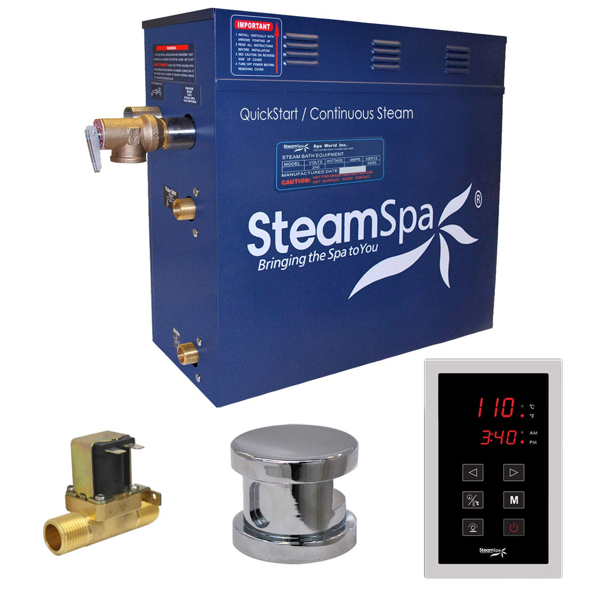 STEAMSPA 7.5kW Steam Sauna Generator Sentry Series 240V Steam Generator with Touch Screen, Steamhead, Built-in Steam Shower Auto Drain, ACU Quickstart Steam Bath Generator (Chrome)