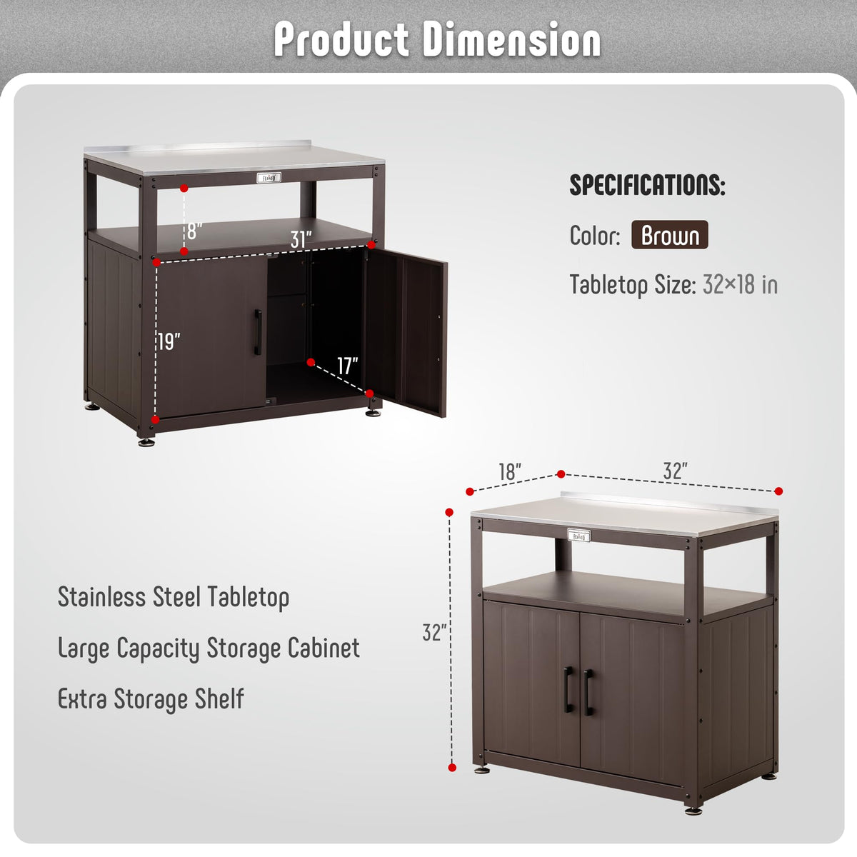 Feasto Outdoor Potting Bench with Storage, Stainless Steel Tabletop Garden Work Bench with Storage Cabinet & Removable Inner Shelf for Patio Lawn Outdoor Gardening