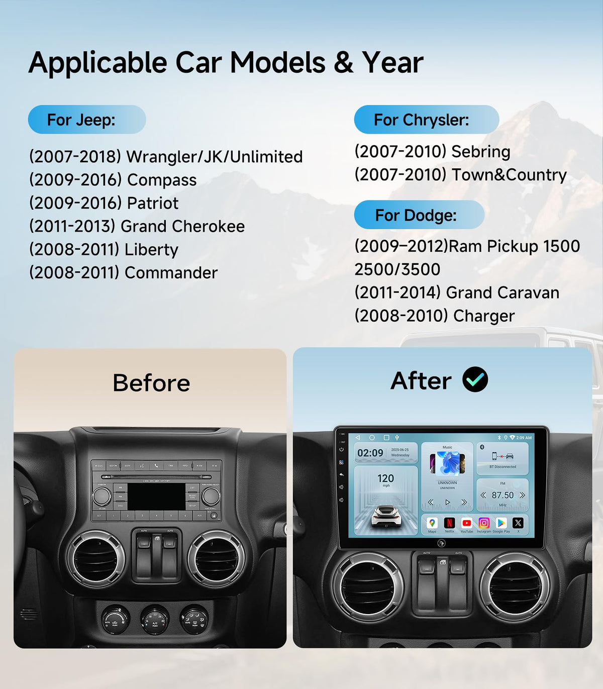 Car Radio for Jeep Wrangler JK Compass Grand Cherokee Dodge Ram Upgrade Stereo Wireless CarPlay Android Auto Touch Screen/Android13/Bluetooth/GPS Navigation/HD Backup Camera