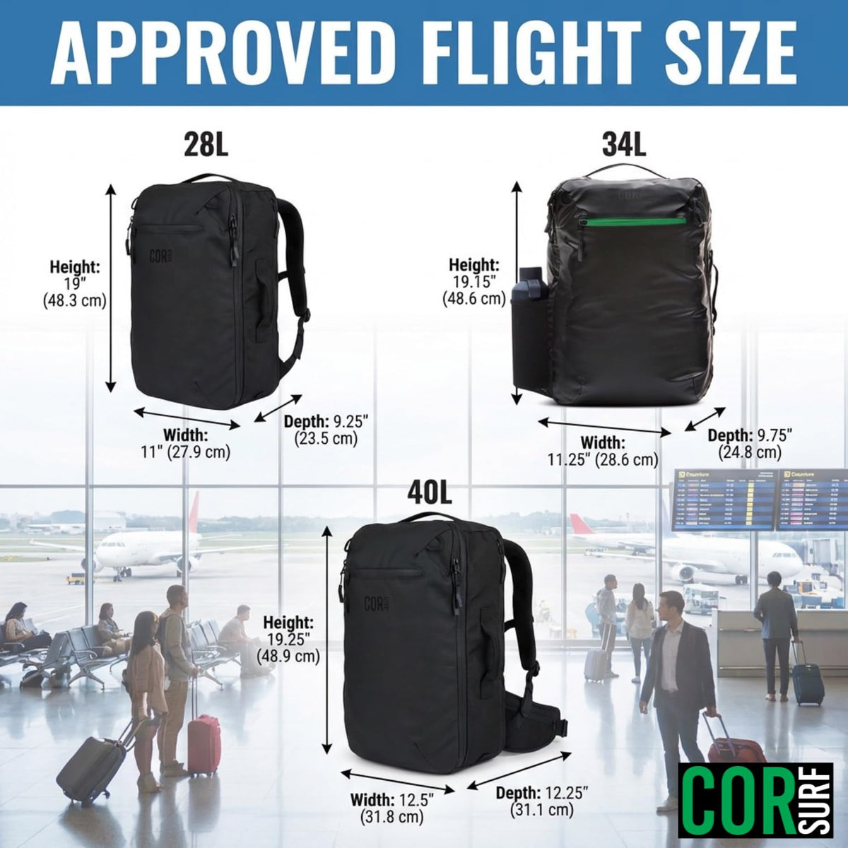 COR Surf Carry On Travel Backpack Bundle | Island Hopper Travel Backpack with Toiletry Bag and Compression Packing Cube Set (40L, Navy Blue)