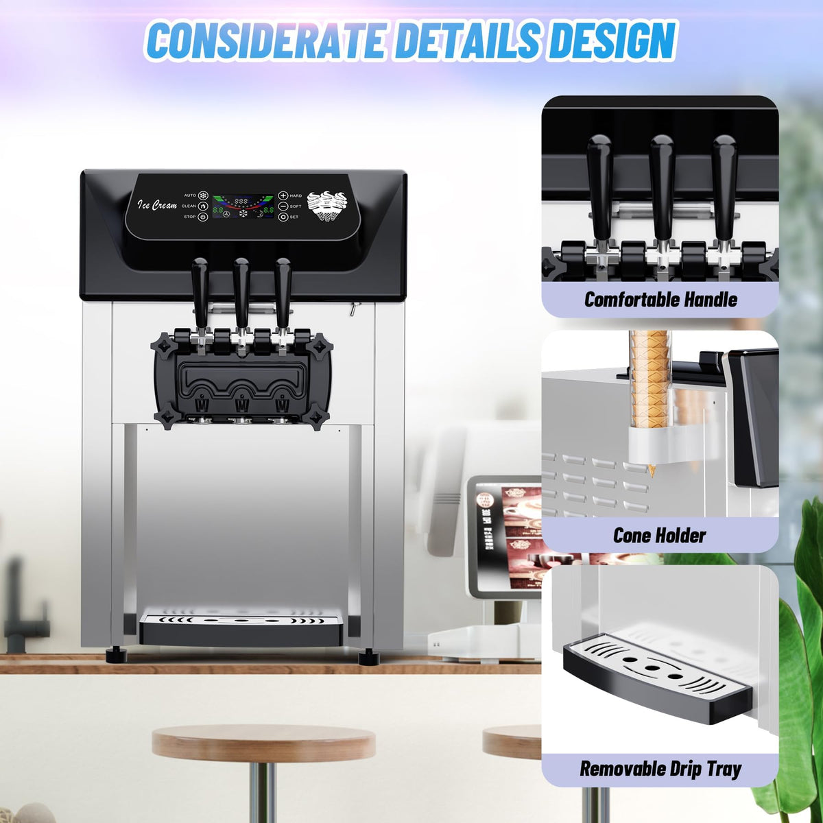 PioneerWorks Commercial Ice Cream Maker,2200W, 5.3 to 7.4 Gal/Hour, 3 Flavors Commercial Soft Ice Cream Machine with LED Display, Perfect for Restaurants Snack Bar