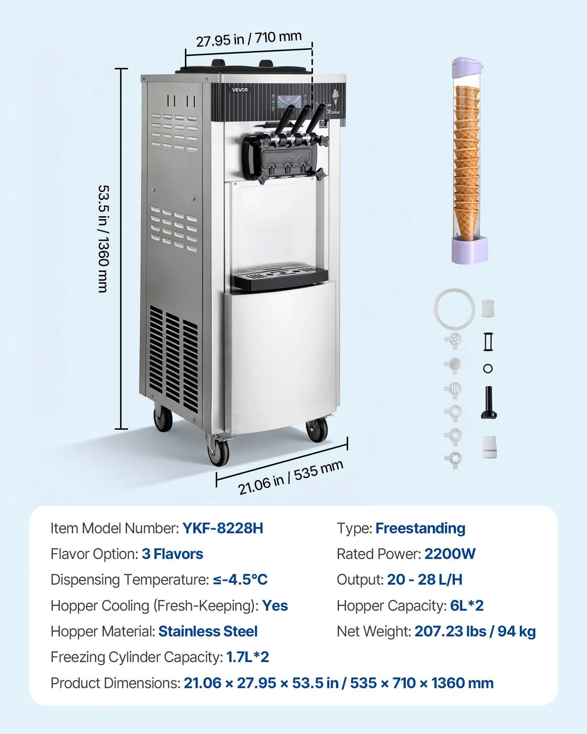 VEVOR Commercial Ice Cream Machine, 20-28L/H Yield, 2200W 3-Flavor Freestanding Soft Serve Ice Cream Maker with 2 x 6L Hoppers & Hopper Agitation, Pre-Cooling Self-Cleaning for Snack Dessert Shops
