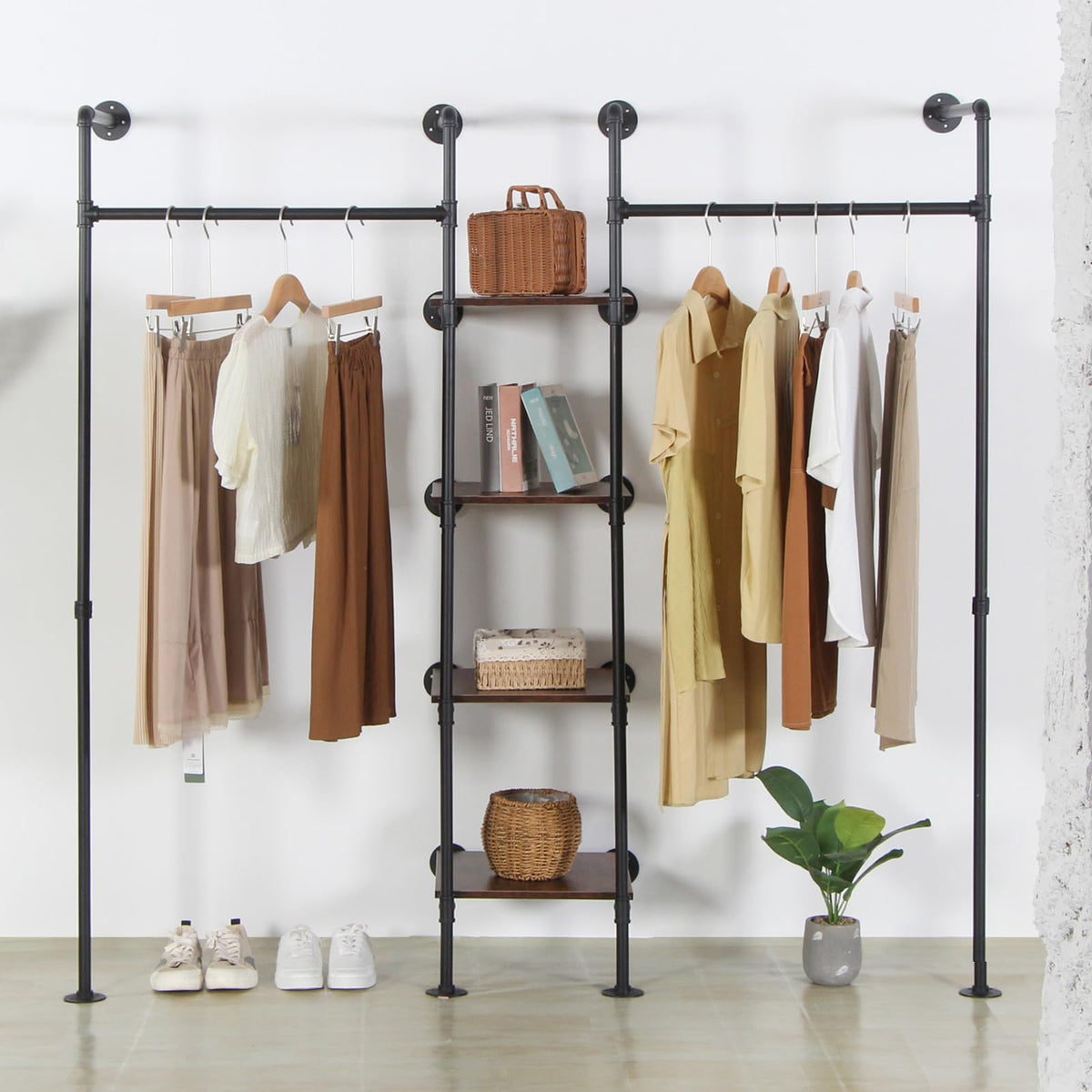 EDCB Wall Mounted Industrial Pipe Heavy Duty Clothes Rack, Clothing Rods for Hanging Clothes, Freestanding Clothing Rack with 2 Hang Rods & 4 Shelves, 72.8" W x 17.7" D x 71" H