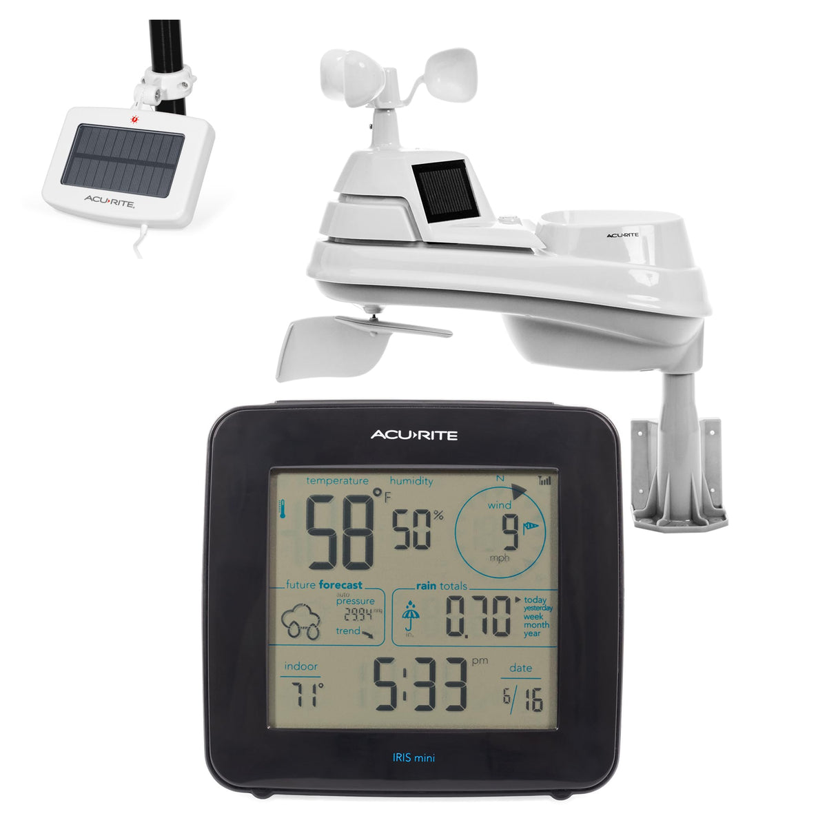 AcuRite Iris® Weather Station with Solar Power Pack, Barometer, Mini Wireless Display for Temperature, Humidity, Wind Speed, Wind Direction, Historic Rainfall Totals, and Hyperlocal Forecast (01122M)