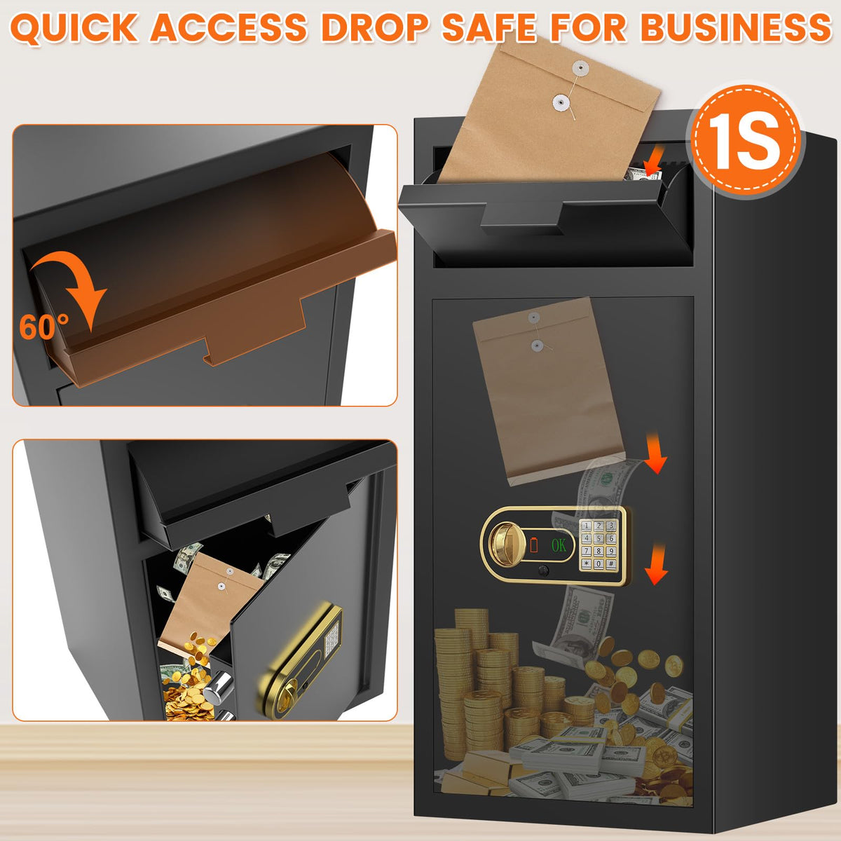 31.5"H Large Drop Safe Box for Business, Anti-Theft Depository Safe with Drop Slot, Digital Keypad, Spare Key and Removable Shelf, Heavy-duty Commercial Safes for Business Cash Documents Home