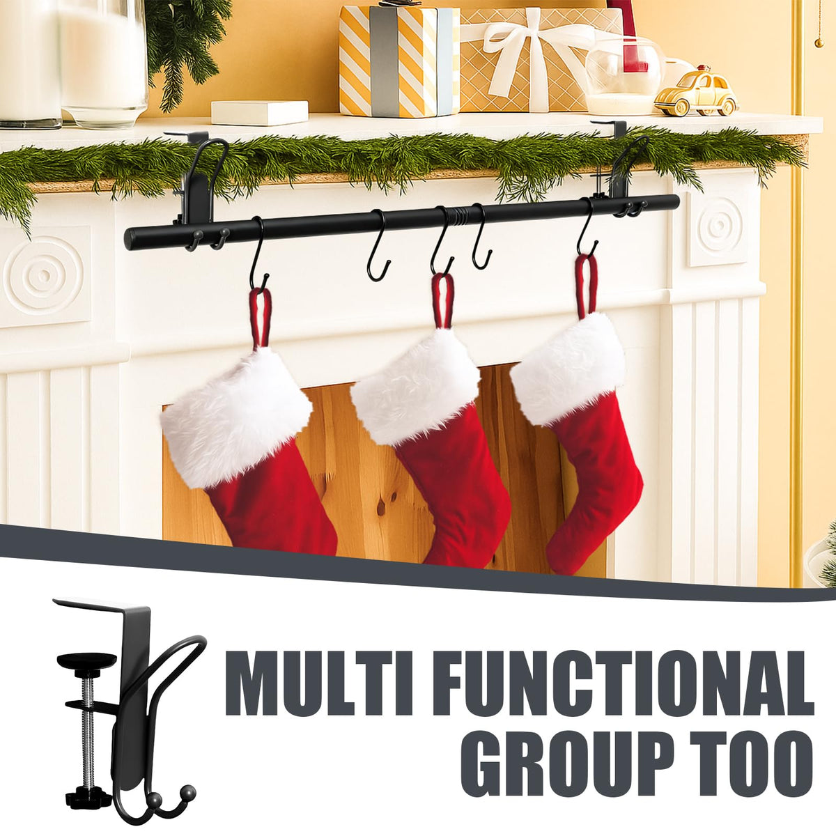 Hoolerry 10 Pcs 3 in 1 Christmas Stocking Garland Hanger for Mantle Fireplace Mantel Garland Hangers with Adjustable Tension Rods Hooks for Xmas Holiday Stocking Wreath Hanging Ornament (Small,Black)