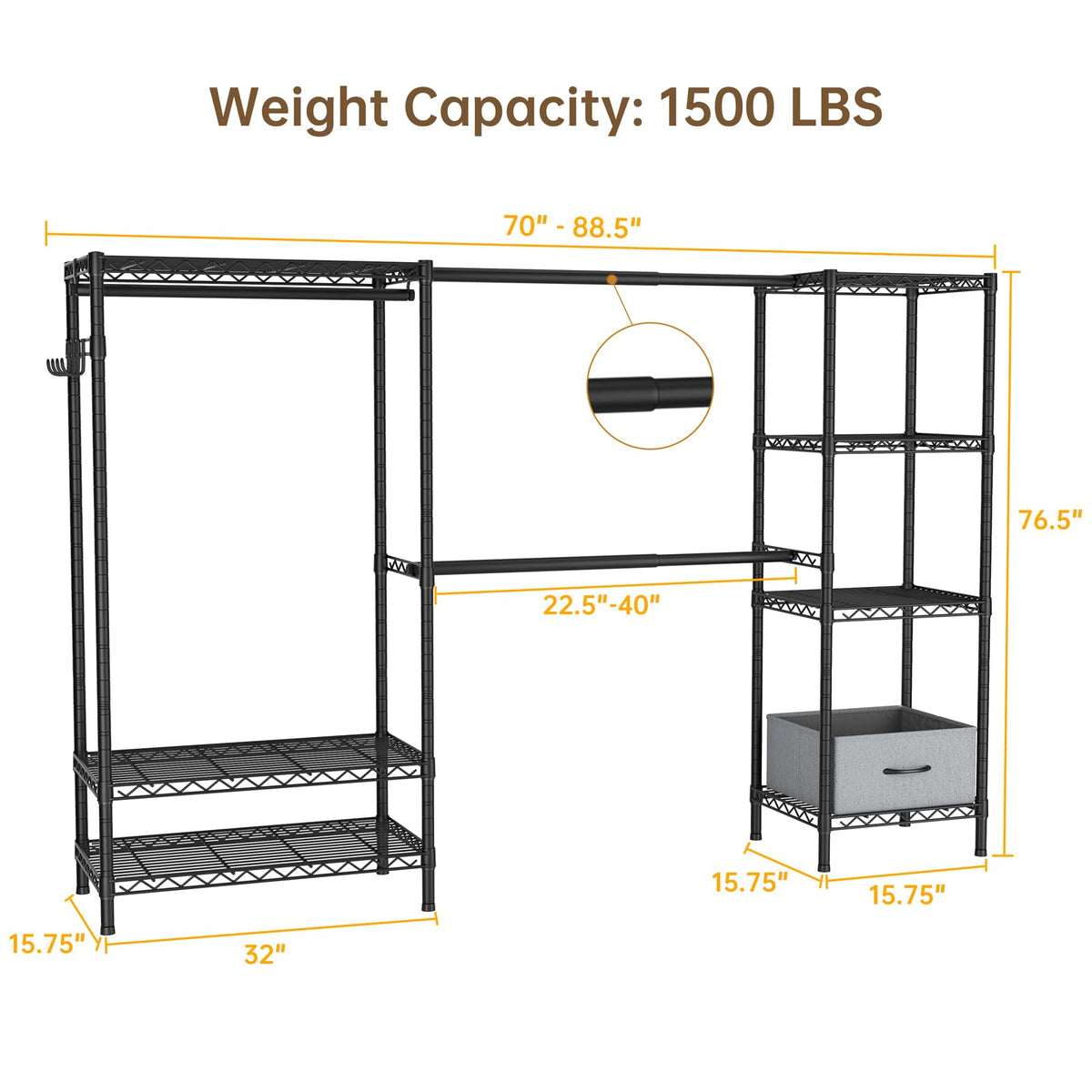 Golpart Coat Rack Clothes Wardrobe：Closet Organizer and Storage Clothing Garment Rack with Shelves Heavy Duty for Hanging Clothes Portable Adjustable Black 15.8" Dx(70-88.5)" Wx76.5 H