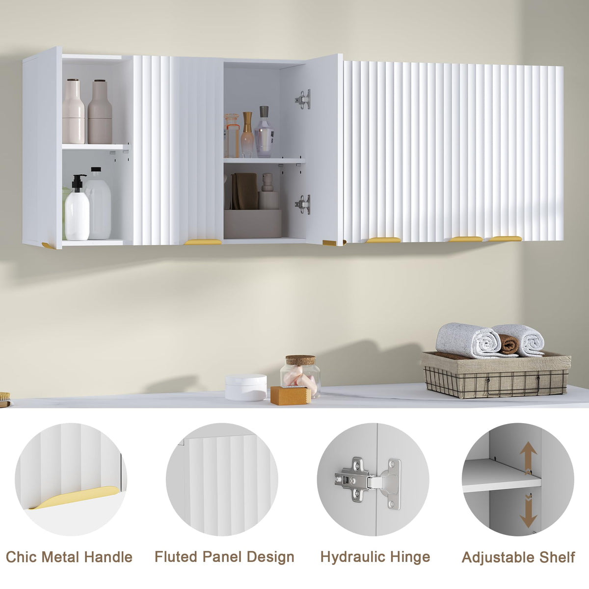 ChooChoo 3-Door Bathroom Wall Cabinet, Fluted Kitchen Wall Cabinet with Adjustable Shelf, Wall Mounted Storage Cupboard for Bathroom, Laundry Room, Entryway, Garage, White