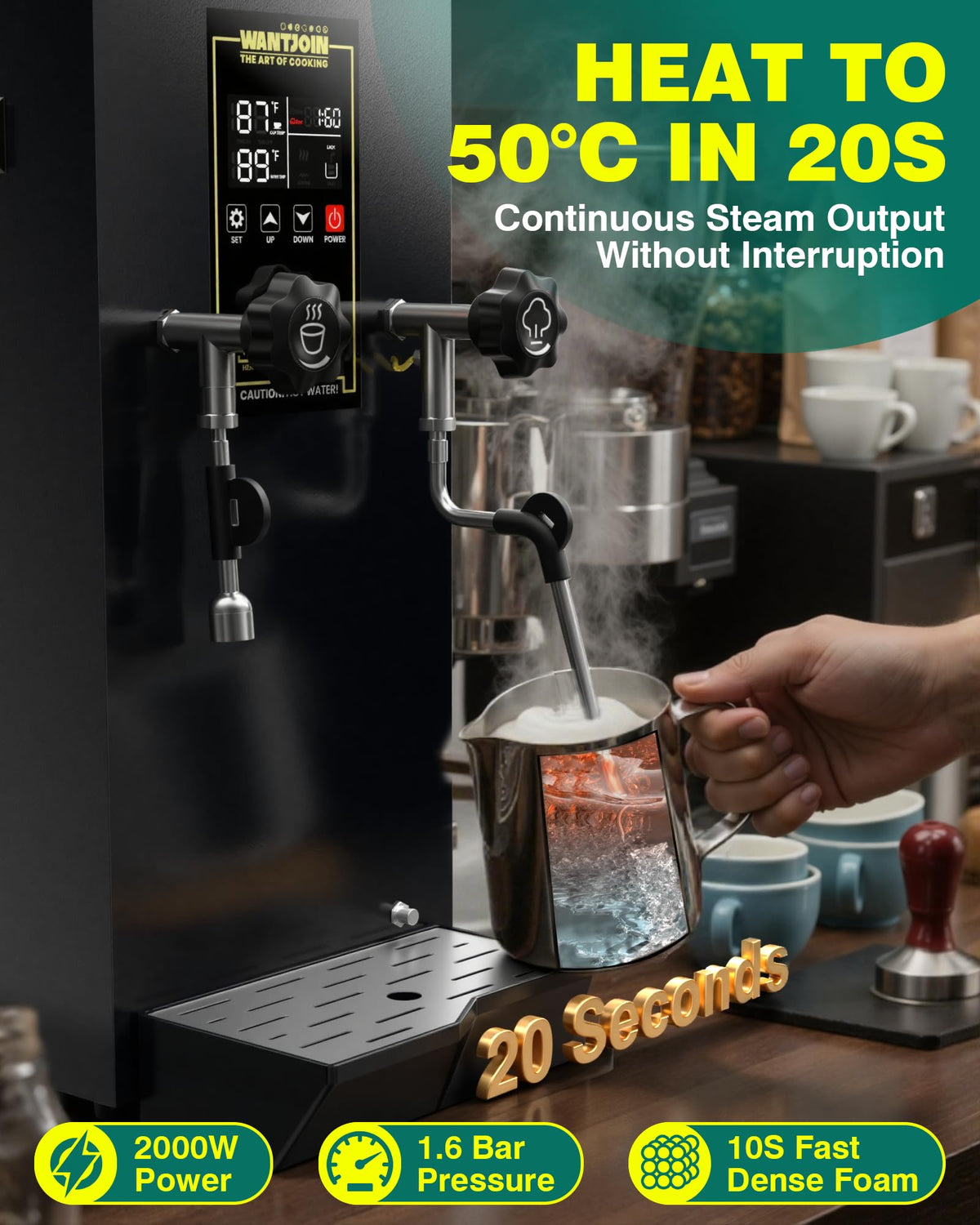 WantJoin Commercial Milk Frother & Beverage Heater - 1800W Multi-functional Milk Steamer Machine with LED Display Panel for Latte, Cappuccino, Coffee, Milk Tea Foam, Hot Water Dispenser - Hotel & Home