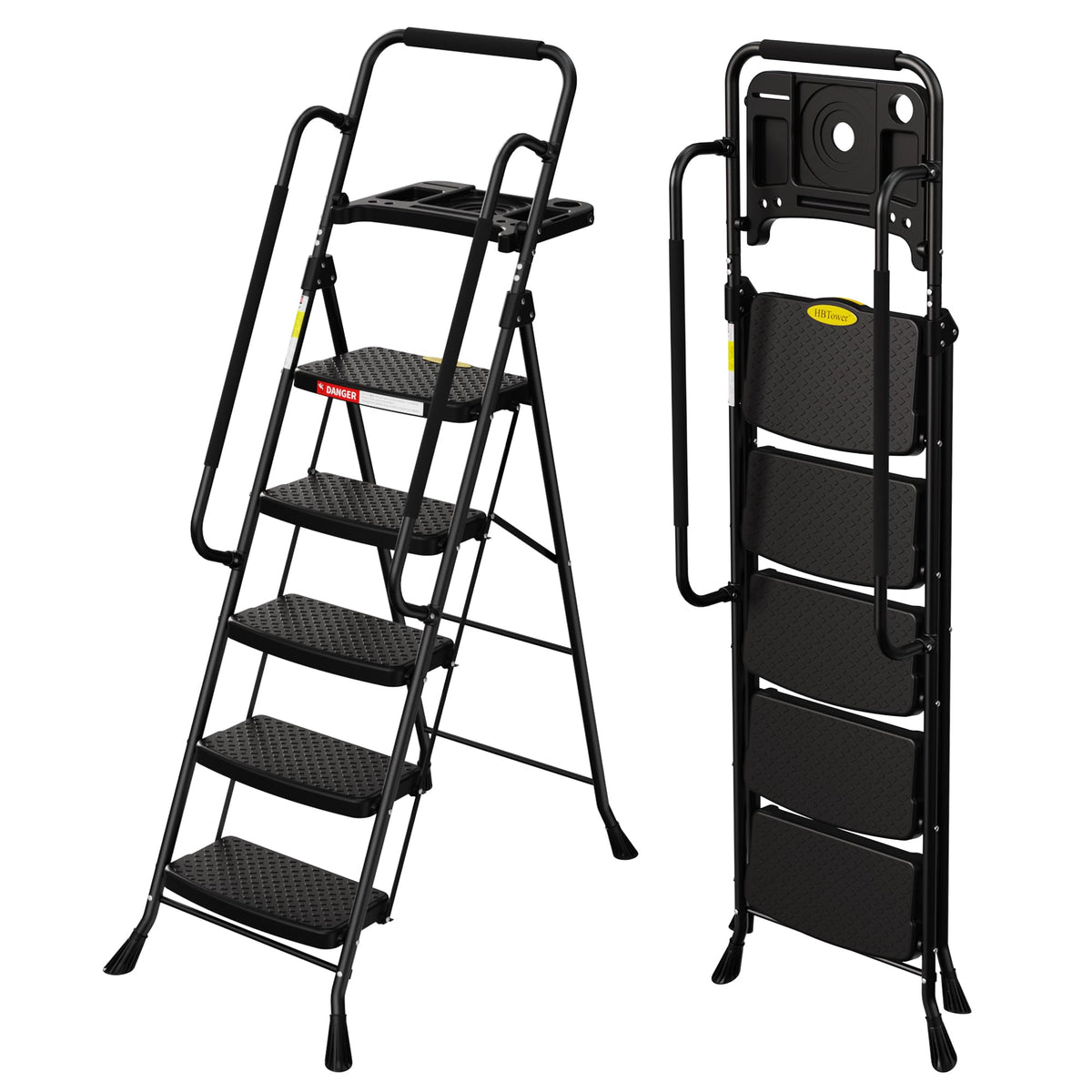 HBTower Step Ladder, 5 Step Ladder for Adults with Wide Anti-Slip Pedal, Step Stool Foldable with Handrails & Tool Tray, 330 Capacity for Home and Kitchen, Black