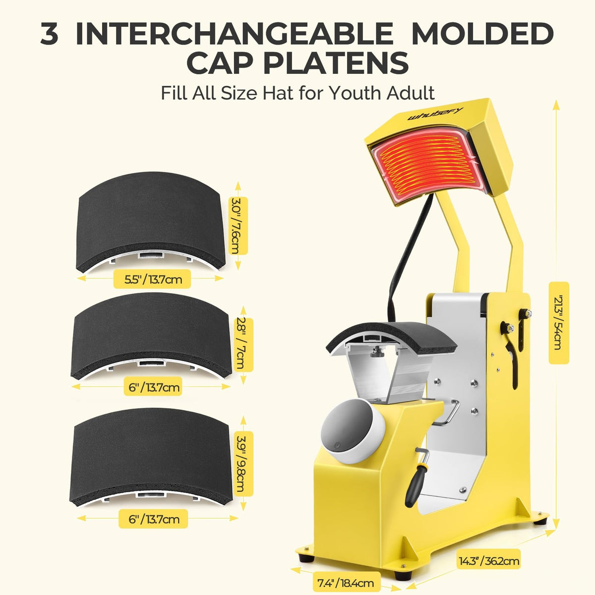 Whubefy 3-in-1 Auto Hat Heat Press Machine for Caps w/3pcs Interchangeable Platens, Automatic Release & Press, Knob-Style Digital Control for Hats T-Shirts Bags HTV and Sublimation Projects