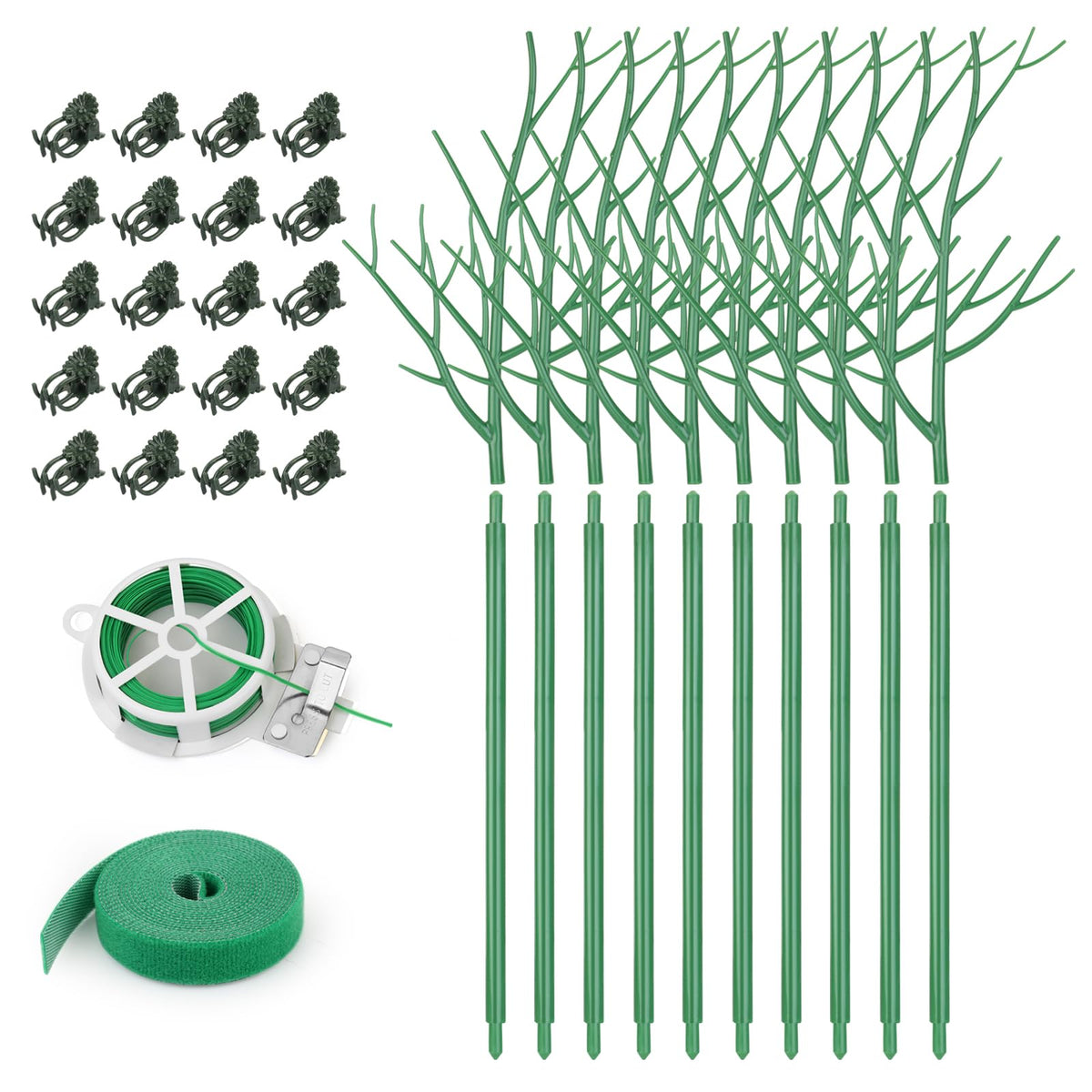 10 Pack Plant Support Stakes for Indoor Plants, 27.56 Inch Twig Plant Sticks with Orchid Clips Twist Ties and Plant Ties for House Potted Plants and Flower, Plastic Branches Support Structures, Green