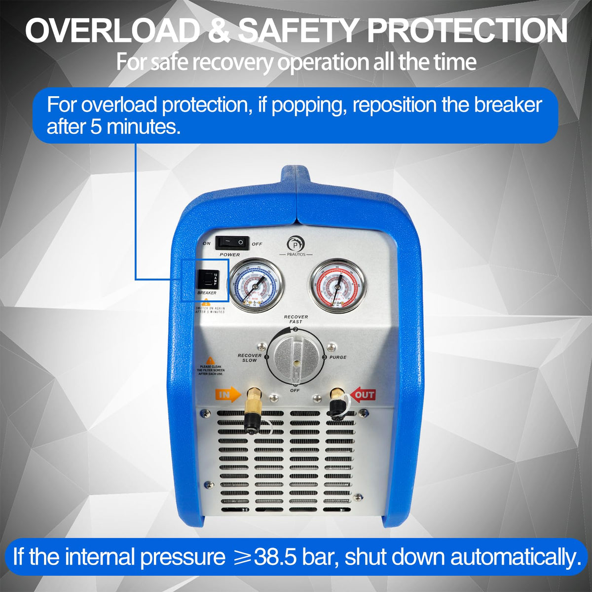 P PBAUTOS 1HP Dual Cylinder Refrigerant Recovery Machine, 110V-120V 60Hz Portable Oil-less Freon Recycling Unit for Both Liquid and Vapor Refrigerant, for Automotive A/C System, Household HVAC System