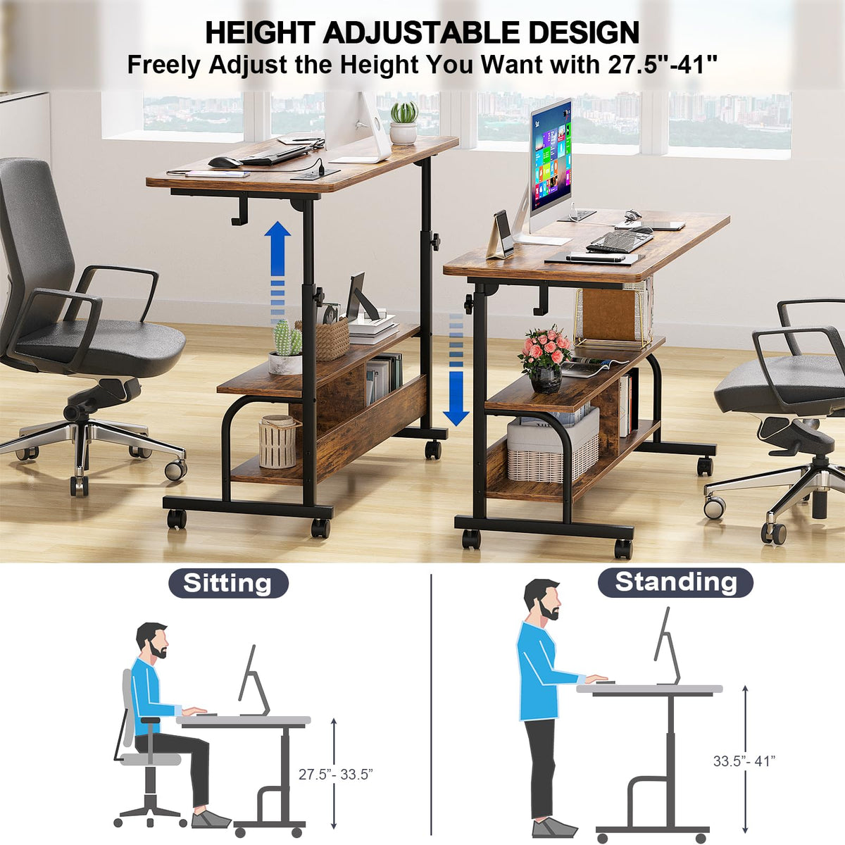 Armocity Rolling Standing Desk with Charging Station, Portable Height Adjustable Mobile Computer Desk with Wheels & 2-Tier Shelves & Hooks, Easy Assembly Laptop Table for Couch Bed, 47" Rustic Brown