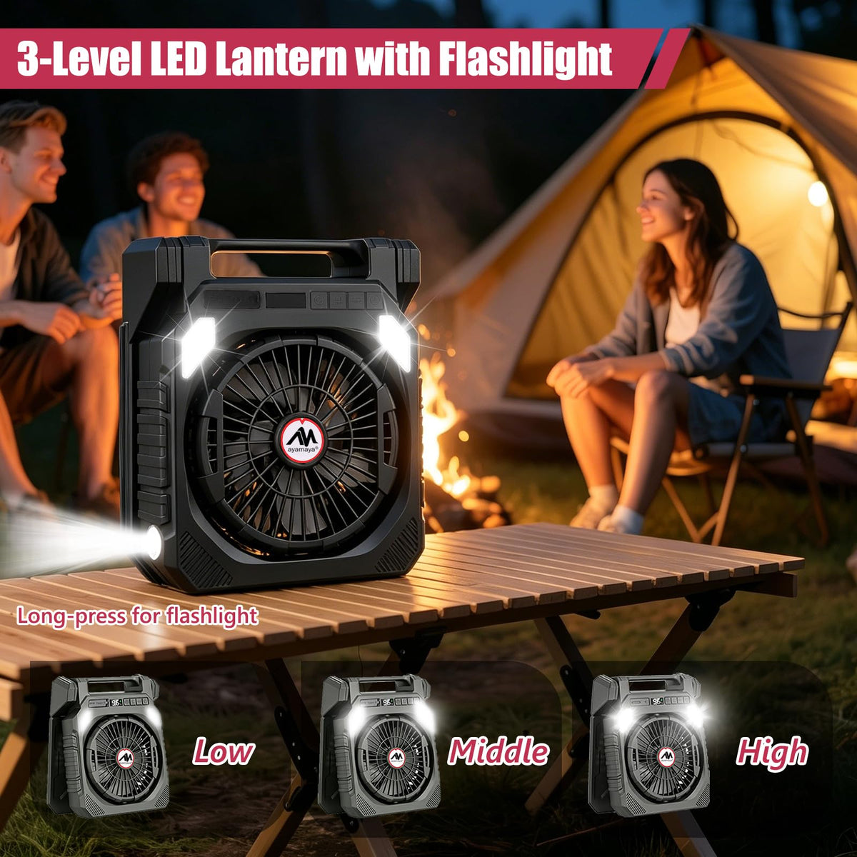 AYAMAYA 2 Pack Camping Fans, 26000mAh Solar Fan with LED Lantern with 180° Oscillation, 4 Speed, 40000mAh Rechargeable Fan for Camping