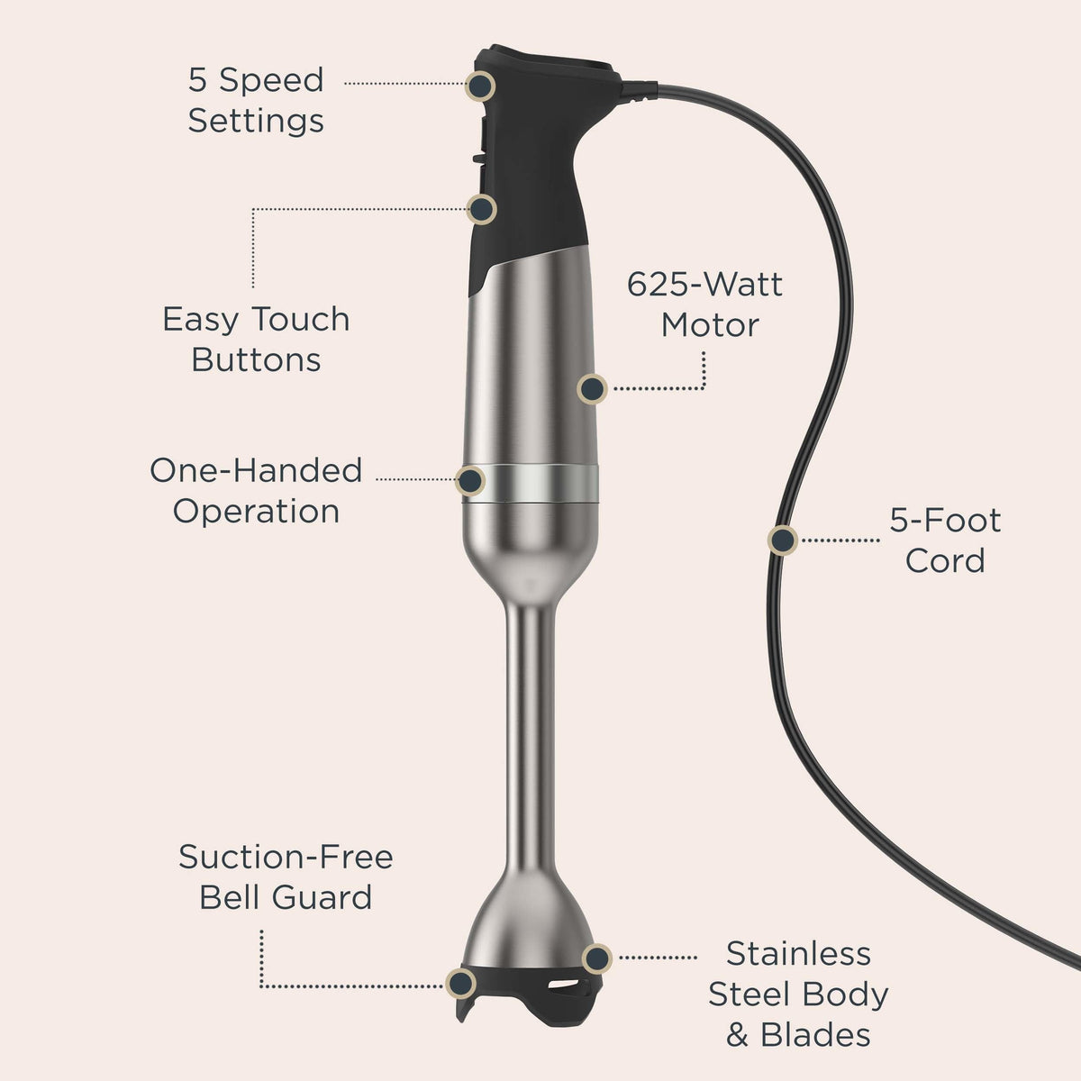 Vitamix 5-Speed Immersion Blender, Professional-Grade Hand Blender with 625-Watt Motor and Stainless-Steel Blade, Stainless Steel/White