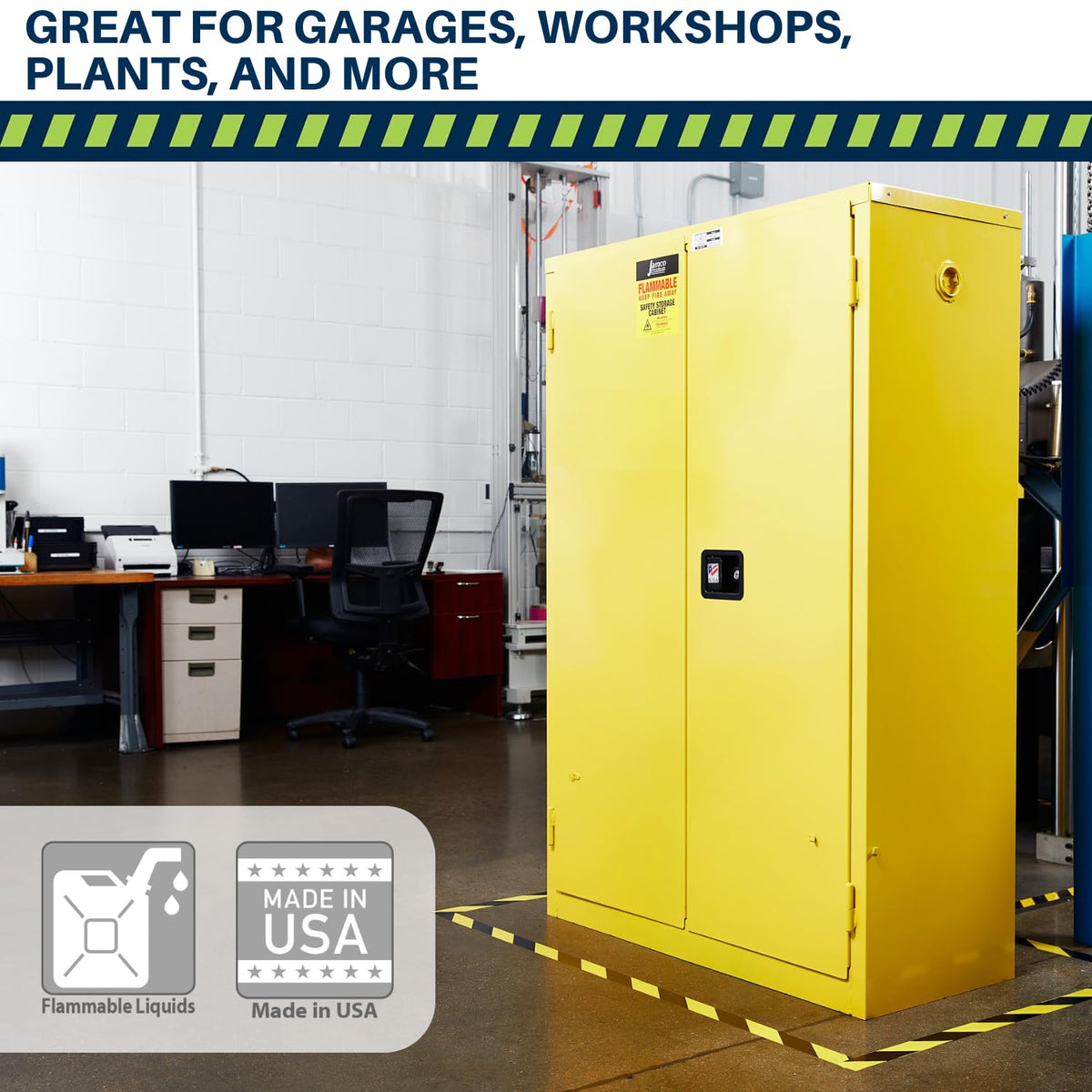 Jamco 60 Gallon Flammable Safety Cabinet, Steel Flammable Storage Cabinet with Lockable Manual Closing Doors, Non Forkliftable, 34" x 34" x 65", Yellow