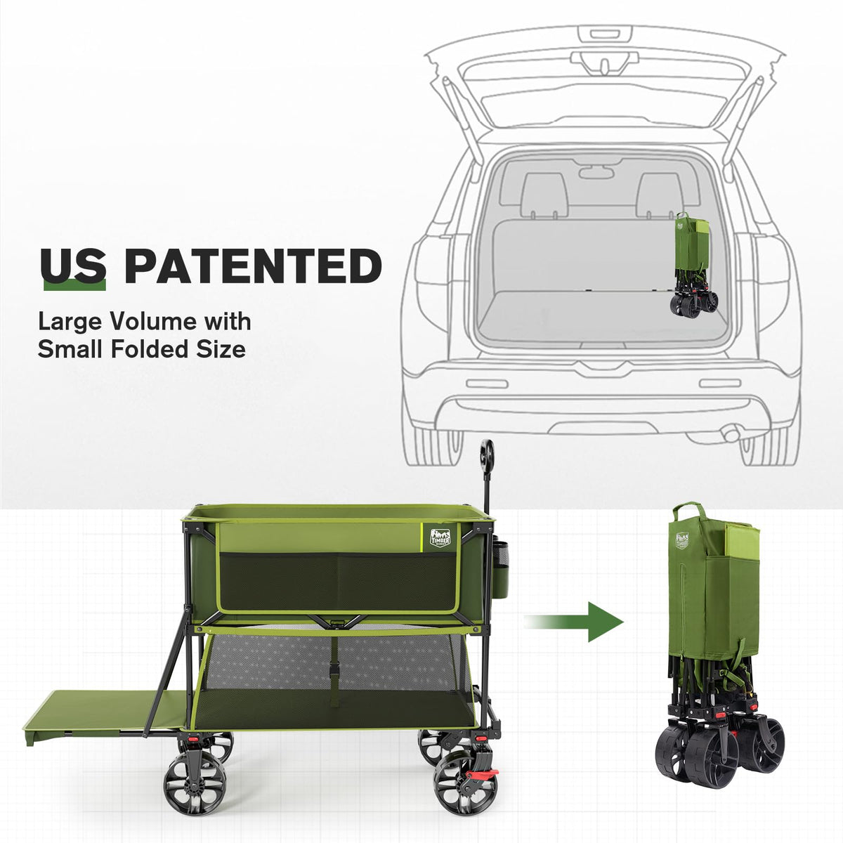 TIMBER RIDGE 400L Large Capacity Folding Double Decker Wagon with Brakes, 54" Extra Long Extender Wagon Cart, 450lbs Heavy Duty Collapsible Cart, All-Terrain Big Wheels for Camping, Sports, Shopping