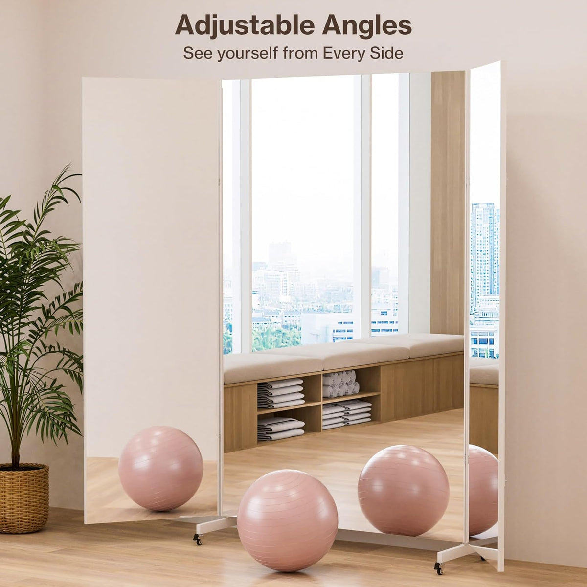 Full Length Stand Up Mirror on Wheels,79''×67'',Large Tri-Fold Floor Mirror with Stand,Movable 3-Way Full Length Standing Mirror for Gym, Dance Studio, Fitness Room, and Home (Whtie)
