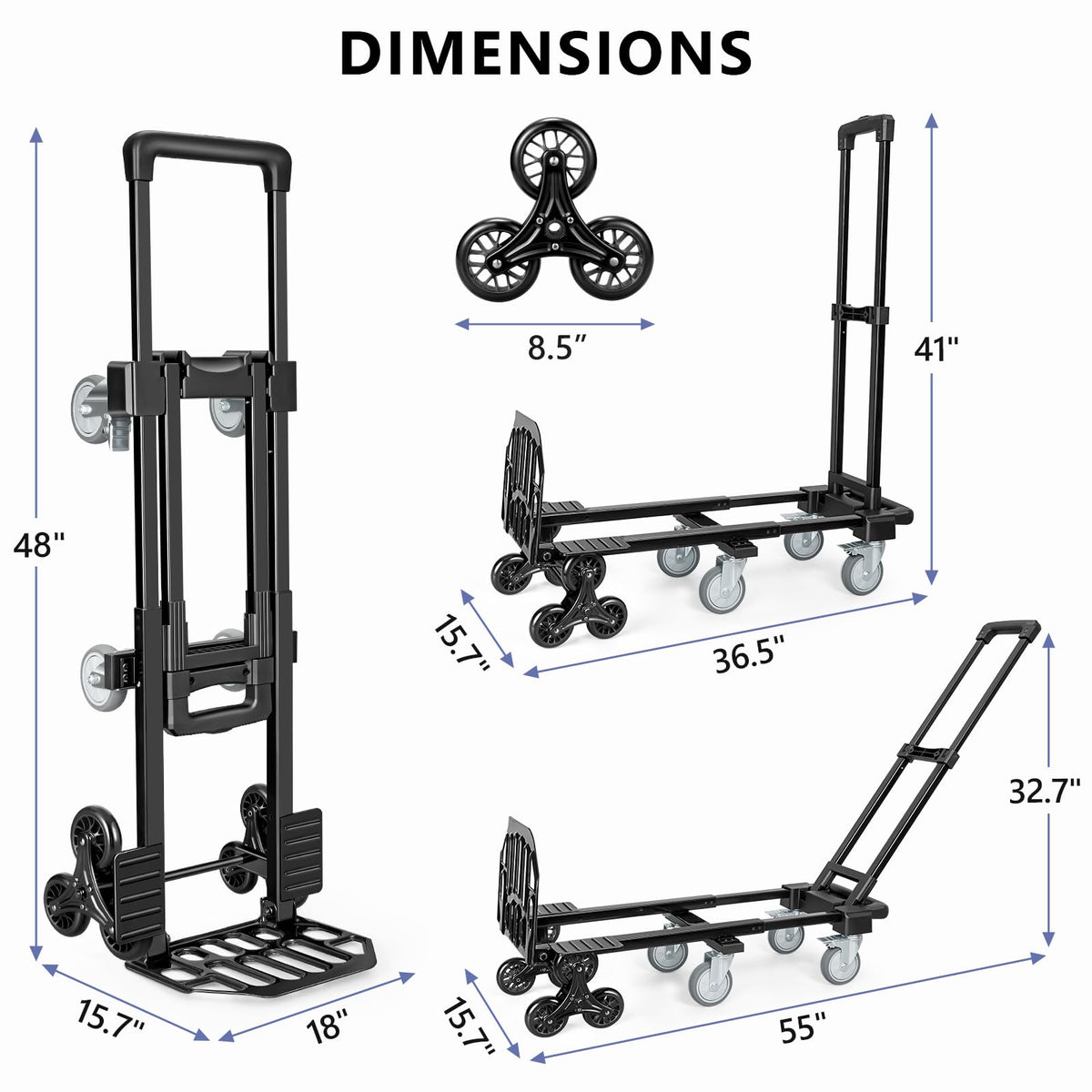 KEDSUM 3-in-1 Convertible Stair Climbing Dolly, 660LBS Heavy Duty Dolly Cart with Wheels, Hand Truck with Adjustable Handle Angle & Expandable Base for Home, Warehouses, 10-Wheel Design with Brakes