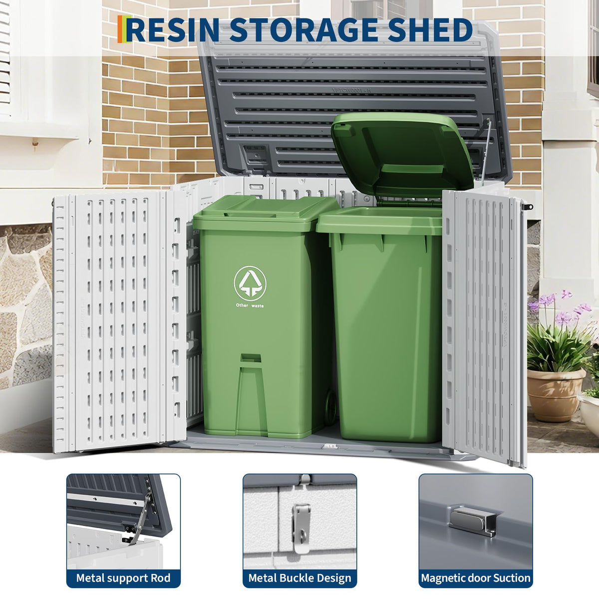 Outdoor Storage Cabinet, 34 Cu ft Outdoor Trash Can Storage Waterproof, Outdoor Resin Storage Cabinet for Patio Tools, Lawn Mower, Garbage Cans
